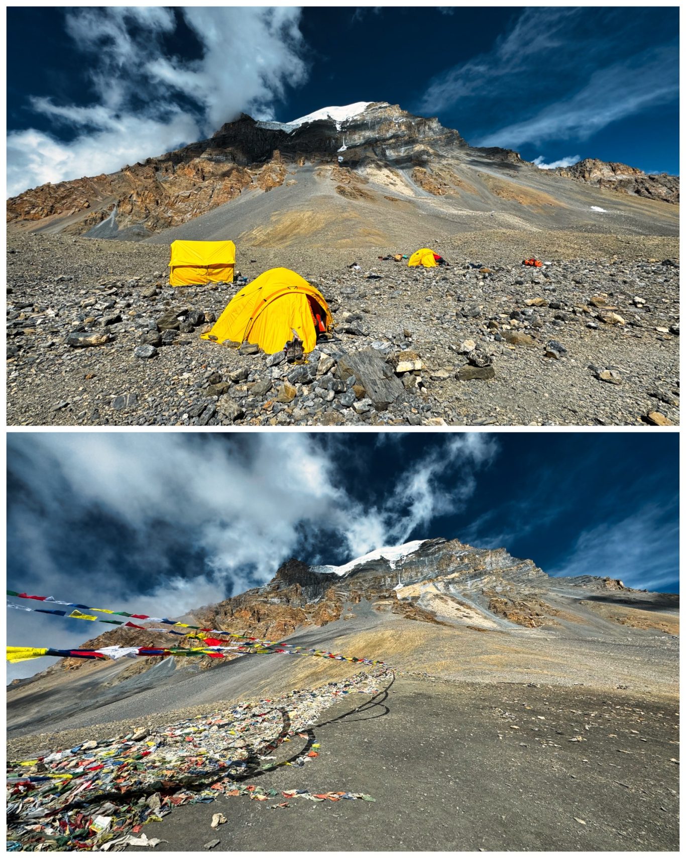Thorong Peak Basecamp (5.416 m) Zeltlager auf felsigem Gelände mit Bergen und bunter Gebetsfahnen im Hintergrund.