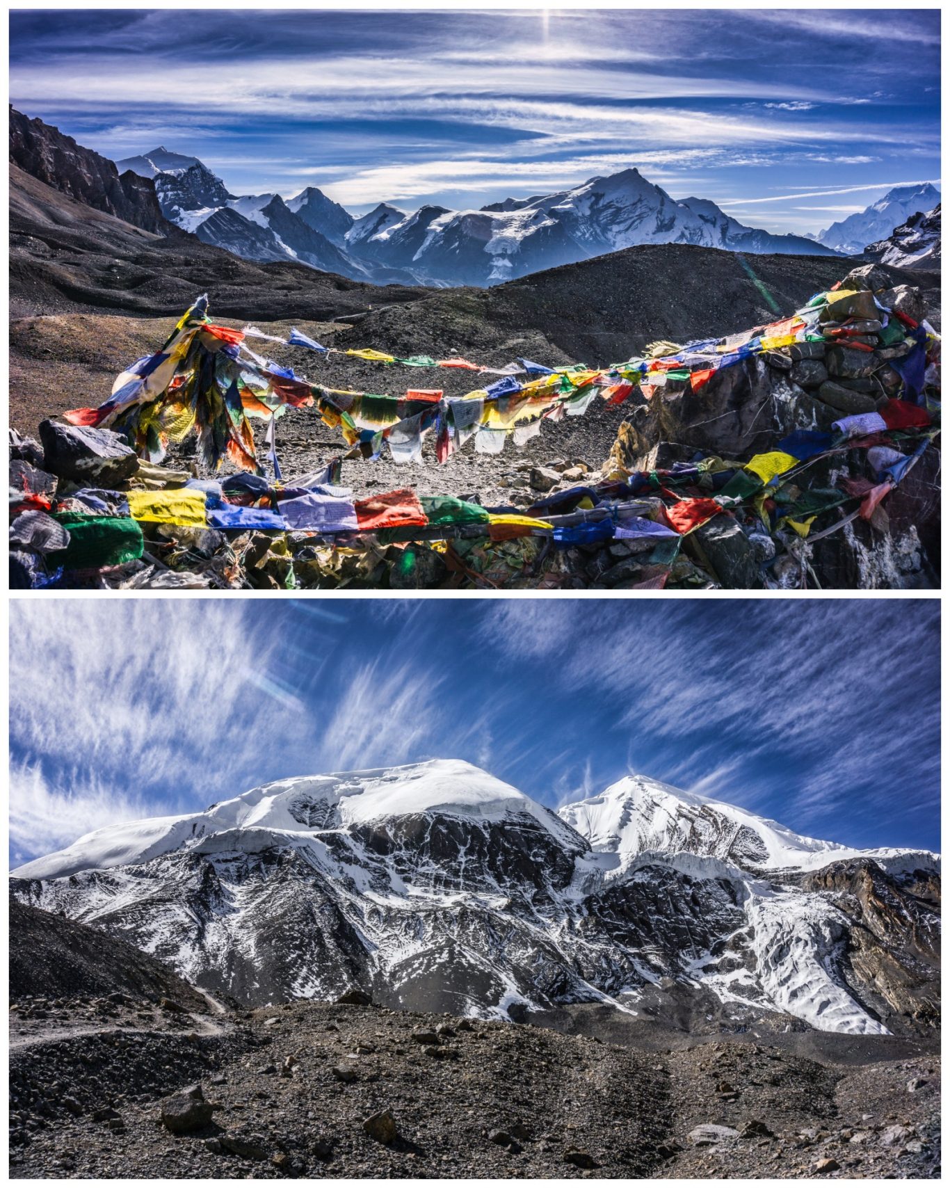 Thorong La (5.419 m) Bunt gefärbte Gebetsfahnen vor schneebedeckten Bergen mit klarem Himmel.