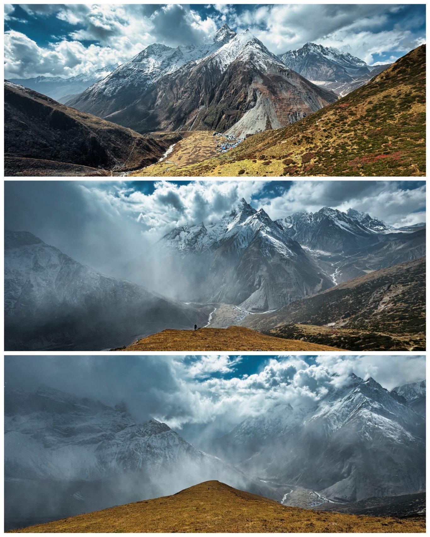 Aufstieg Samdo Ri (5.177 m) Dramatische Berglandschaft unter wechselhaftem Himmel mit Wolken und Nebel.