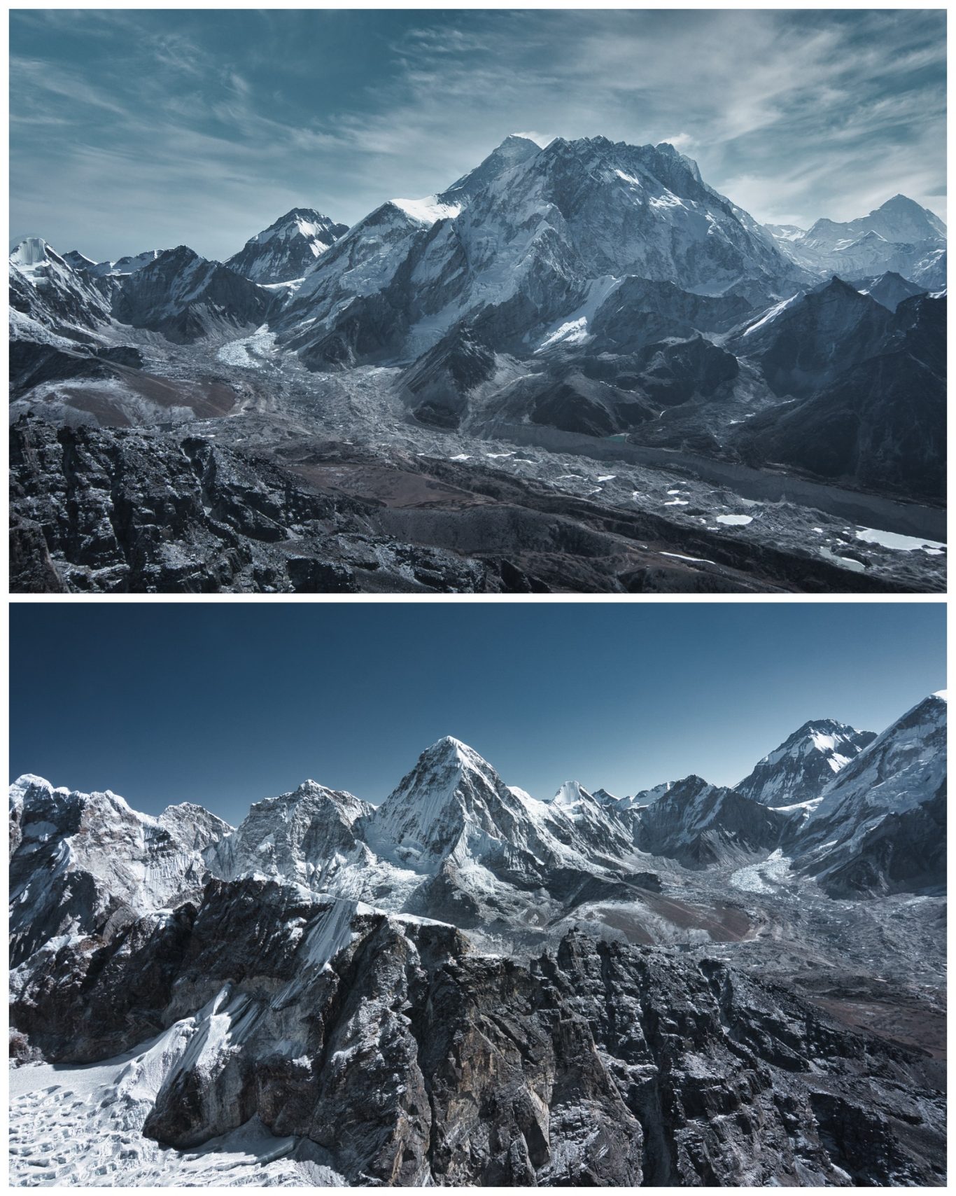 Lobuche East Summit (6.119 m) Zwei Ansichten majestätischer, schneebedeckter Berge unter wechselndem Himmel.