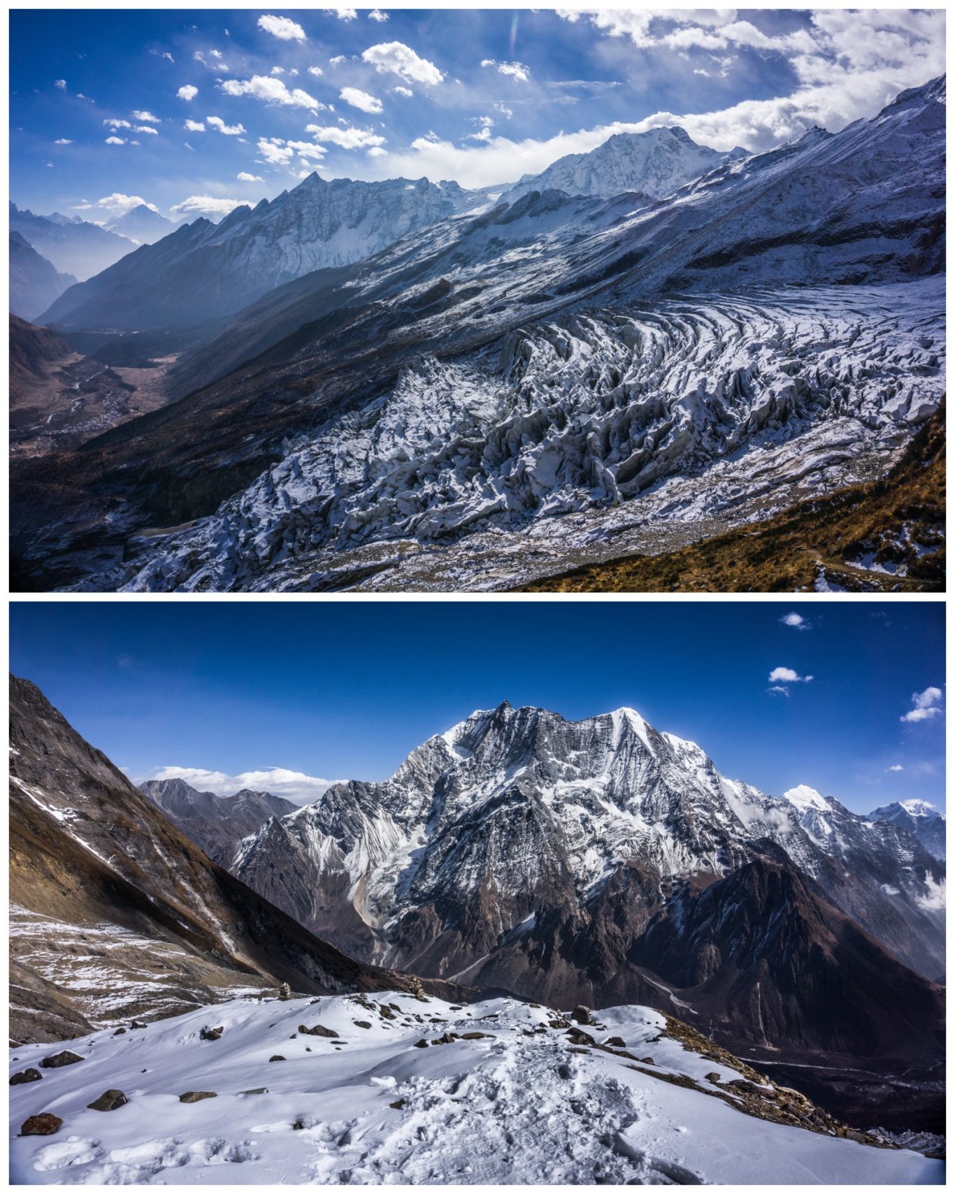 Aufstieg Manaslu Basecamp (4.900 m) Berglandschaft mit schneebedeckten Gipfeln und wolkenlosem Himmel.