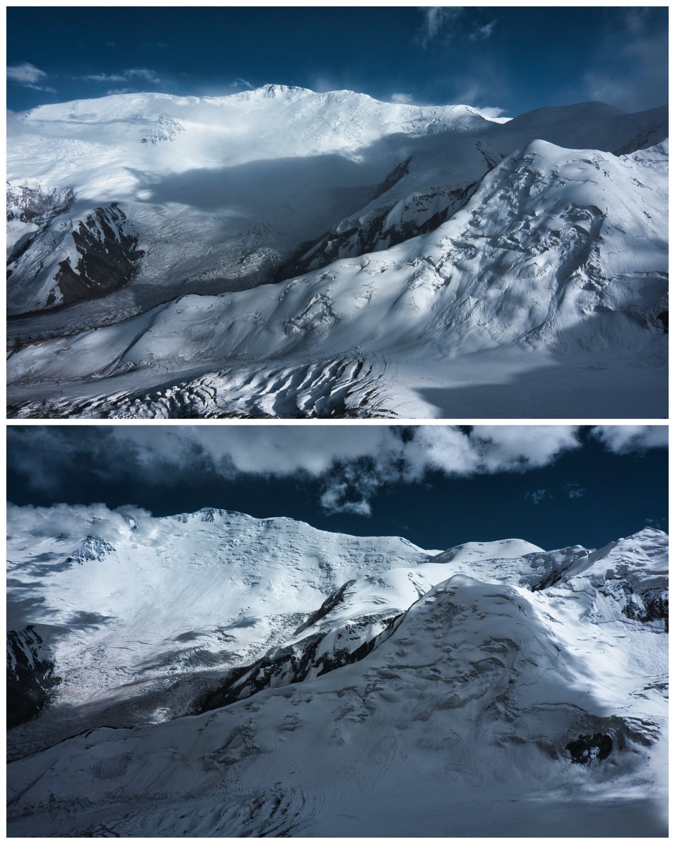 Pik Lenin (7.134 m) Schneebedeckte Berglandschaft unter wechselndem Licht und Wolken.