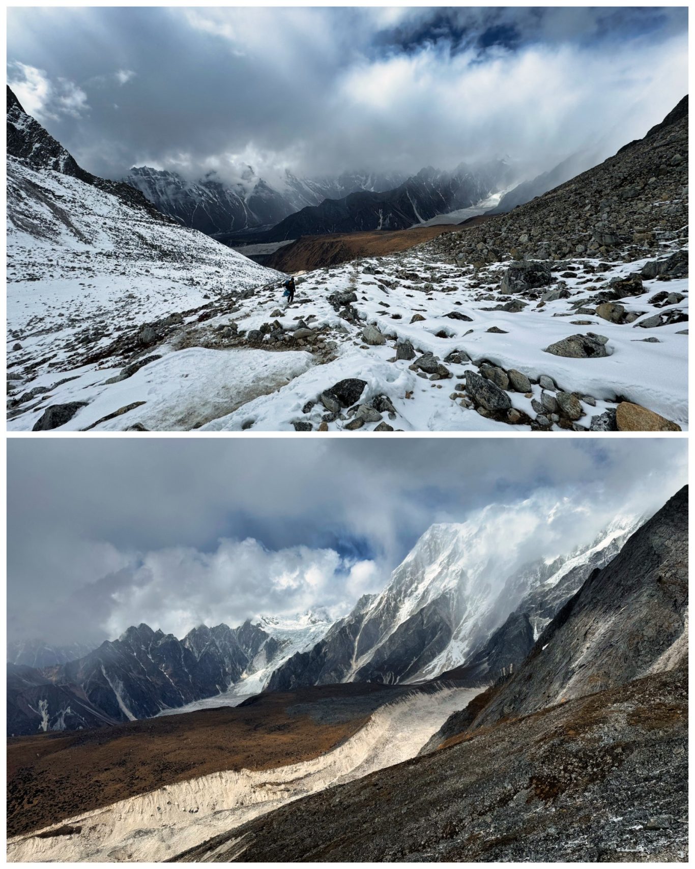 Überschreitung Larkya La (5.106 m) Berglandschaft mit schneebedecktem Boden, Wolken und steilen Felsen im Hintergrund.