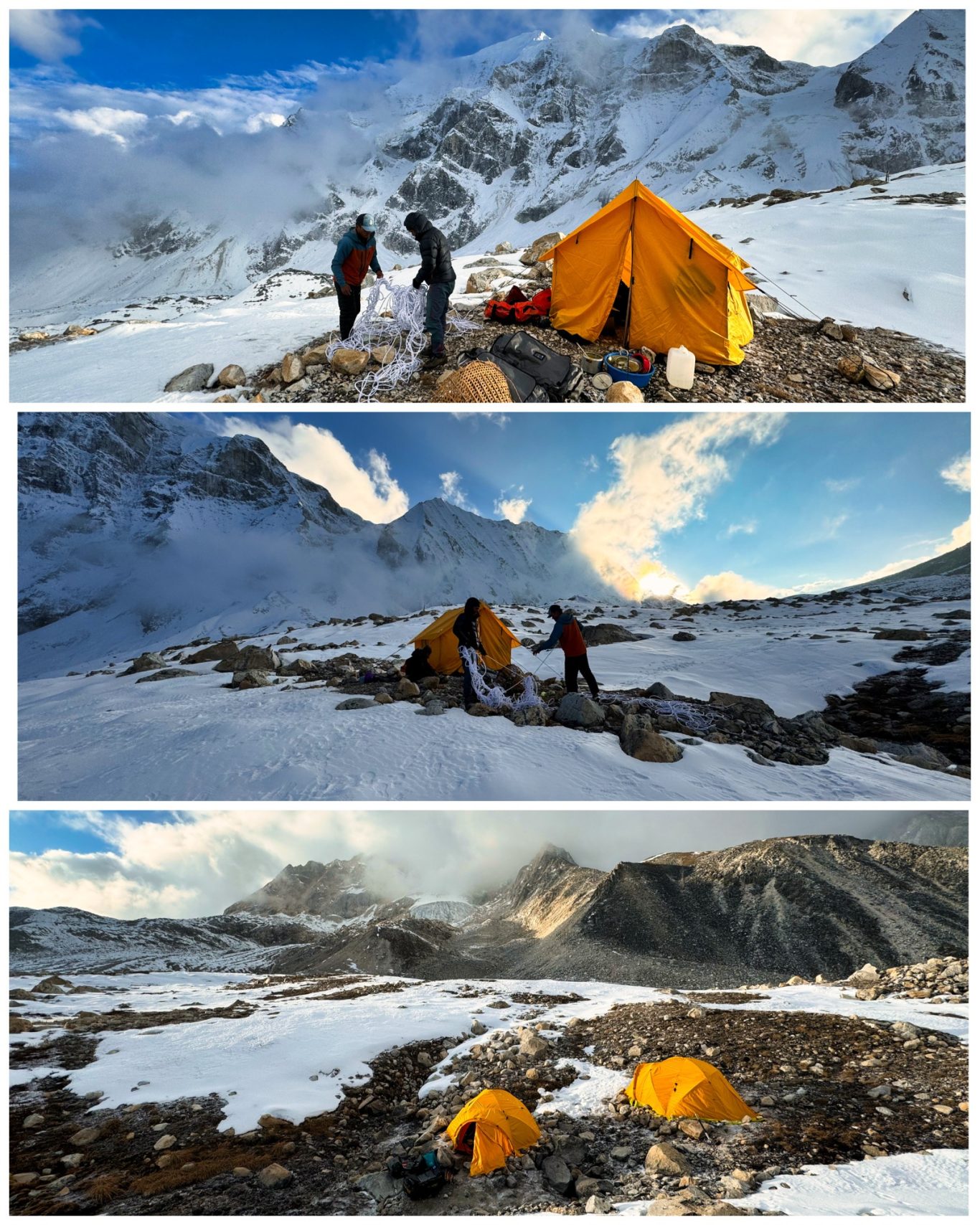 Larkya Peak Basecamp (5.100 m) Zwei Zelte in den Bergen, Menschen beim Aufbauen in einer schneebedeckten Landschaft.