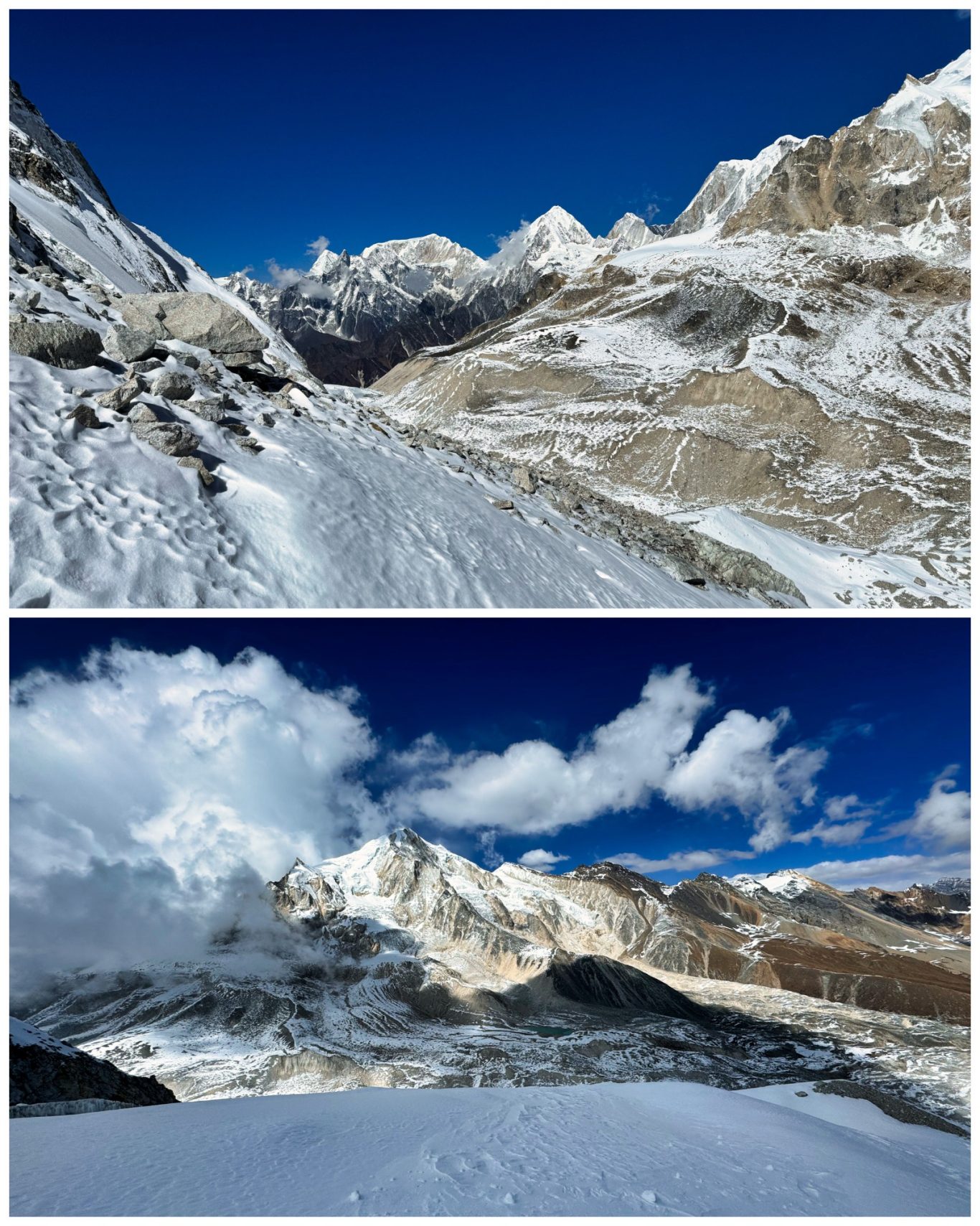 Larkya Peak High Camp (5.500 m) Berglandschaft mit schneebedeckten Gipfeln und klarem Himmel, in zwei Ansichten.