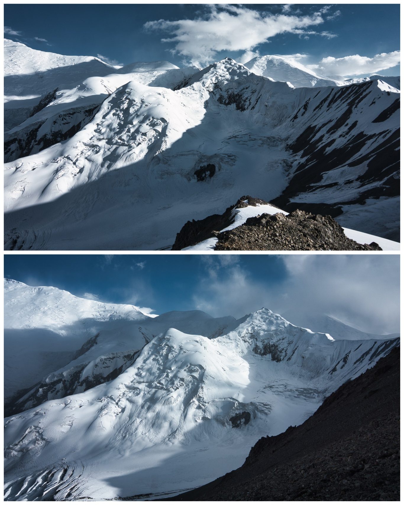 Pik 30 Jahre Usbekische SSR Schneebedeckte Berge mit klaren Gipfeln und wolkenverhangenem Himmel.