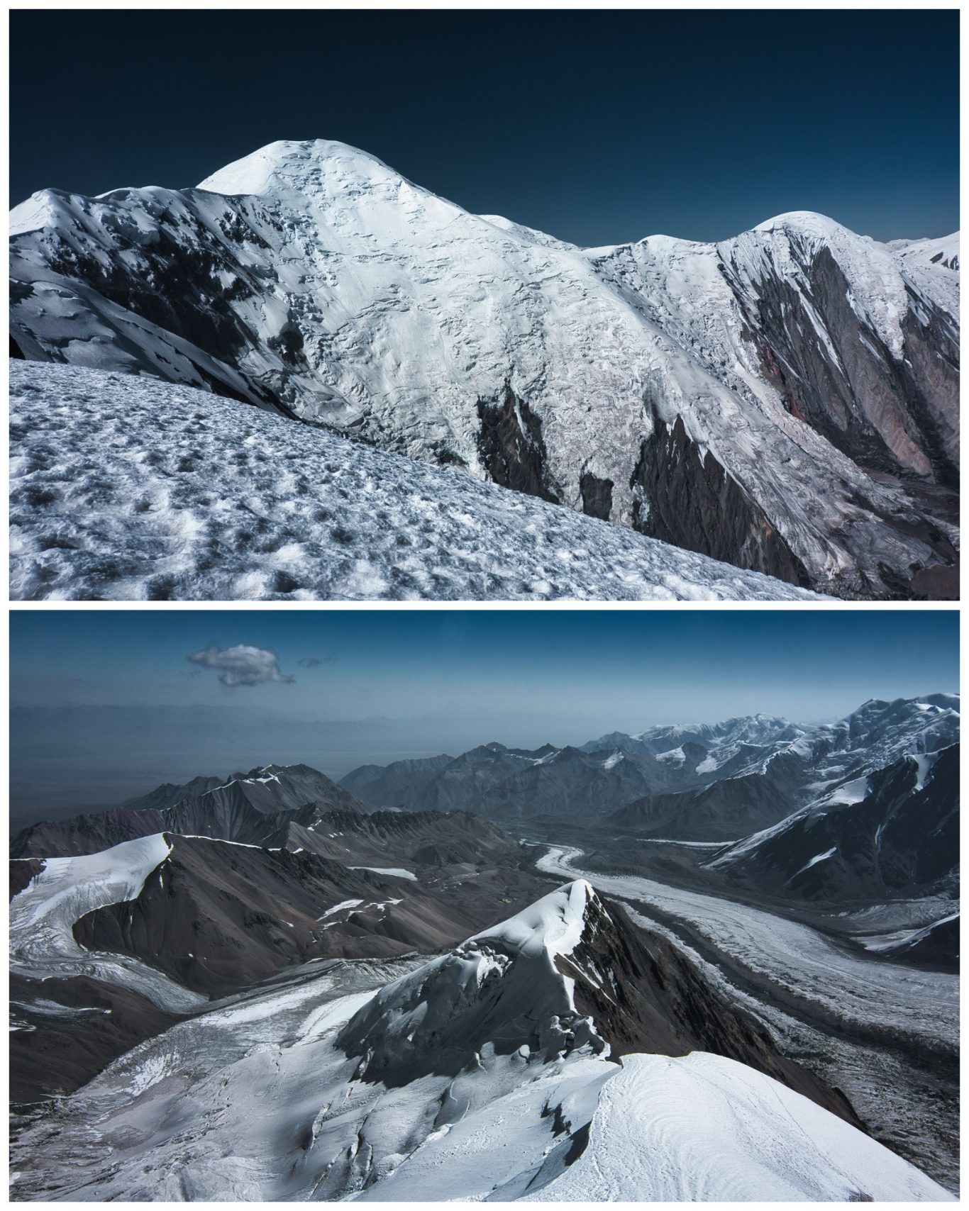 Pik 30 Jahre Usbekische SSR (ca. 5.600 m) Schneebedeckte Berglandschaft mit majestätischen Gipfeln und tiefen Tälern.