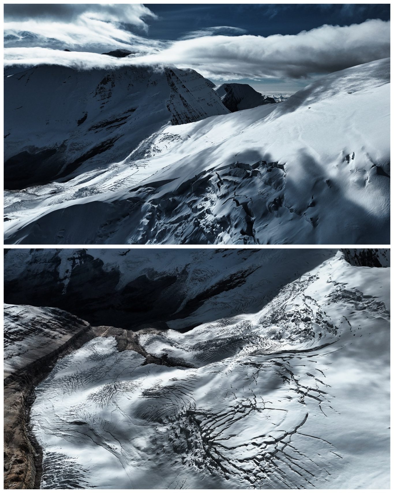 Drohnenaufnahme am Putha Hiunchuli Schneebedeckte Berge unter einem bewölkten Himmel, mit kontrastierenden Schatten.