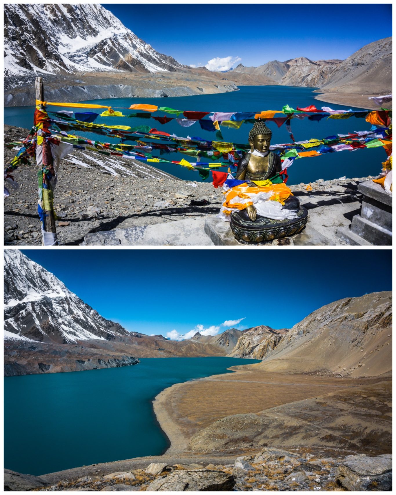 Tilicho Lake (ca 5.000 m) Buddha-Statue mit bunten Gebetsfahnen, umgeben von Bergen und klarem blauem Wasser.