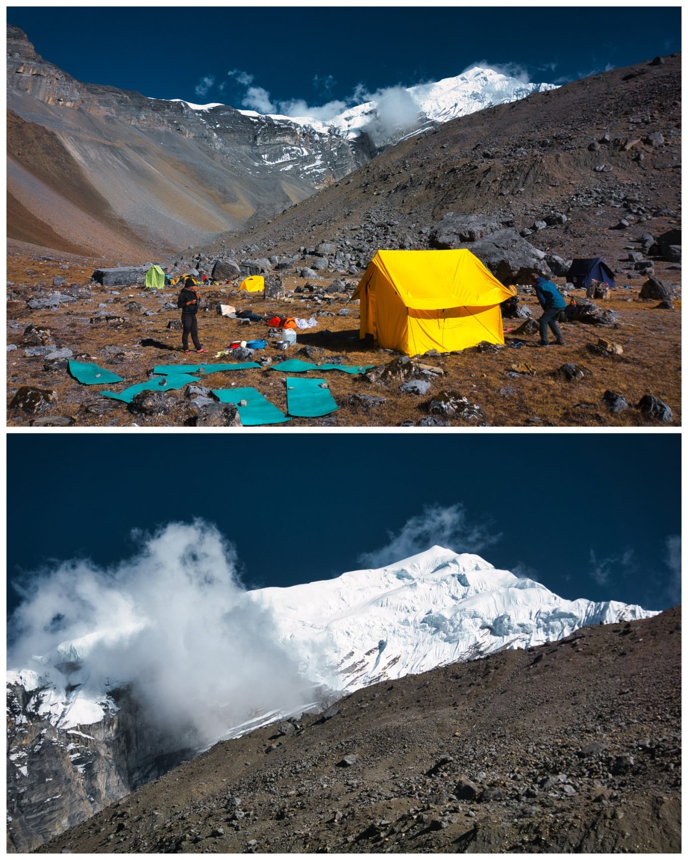 Chulu West Basecamp (ca. 5.100 m) Berglandschaft mit einem gelben Zelt und schneebedeckten Gipfeln im Hintergrund.