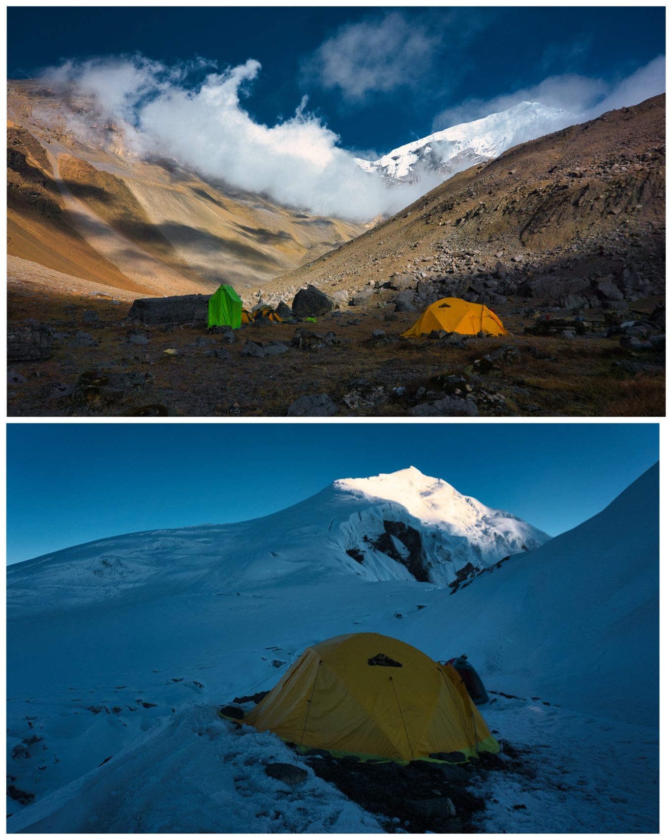 Chulu West BC (ca. 5.100 m) & High Camp (5.900 m) Zwei Zeltplätze in bergiger Landschaft, ein grünes und ein gelbes Zelt, Schnee und Wolken.