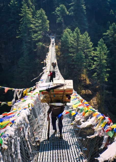 Eine Hängebrücke mit Trägern, die Holzlasten durch eine bewaldete Landschaft transportieren.
