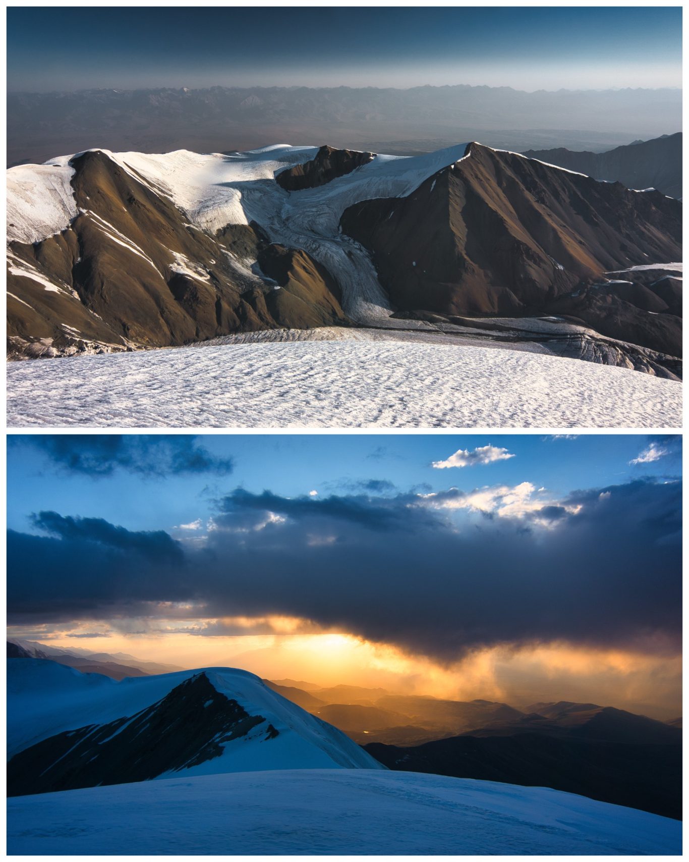 Yukhin Peak (5.130 m) Berglandschaft mit Gletschern und dramatischem Himmel in warmen Farbtönen.