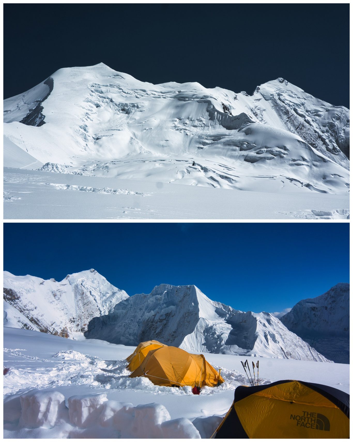 Himlung Camp 2 (ca. 6.200 m) Schneebedeckte Berge mit zwei gelben Zelten im Vordergrund.