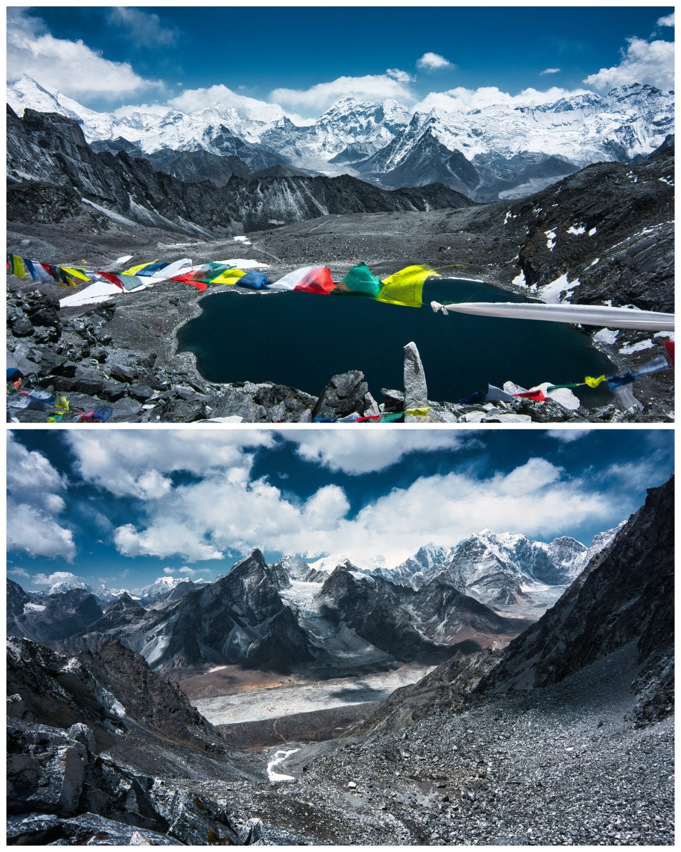Kongma La (5.530 m) Berglandschaft mit bunten Gebetsfahnen, einem See und schneebedeckten Gipfeln.
