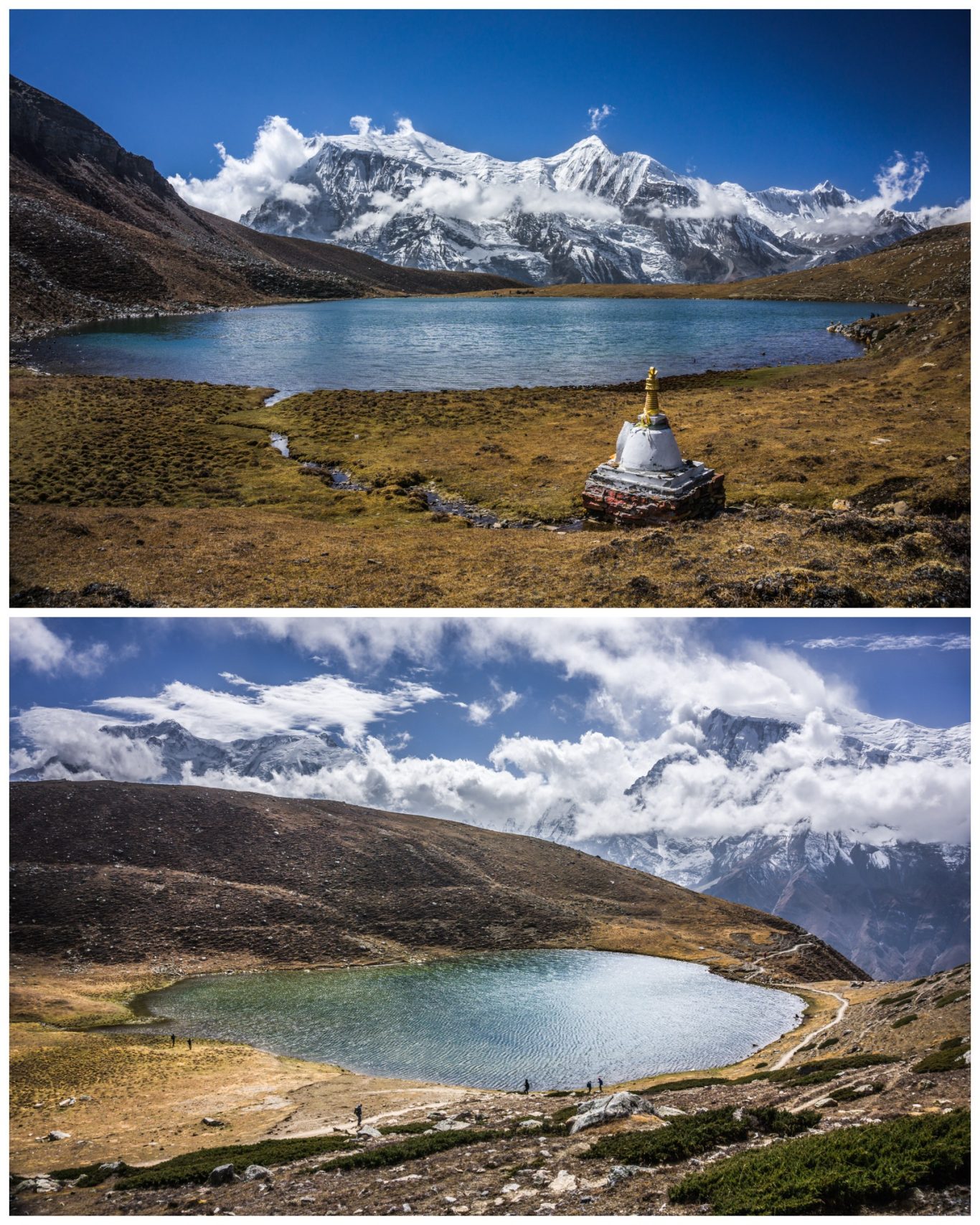 Ice Lake (ca. 4.600 m) Zwei Bergseen mit schneebedeckten Gipfeln im Hintergrund und grünem Ufer.