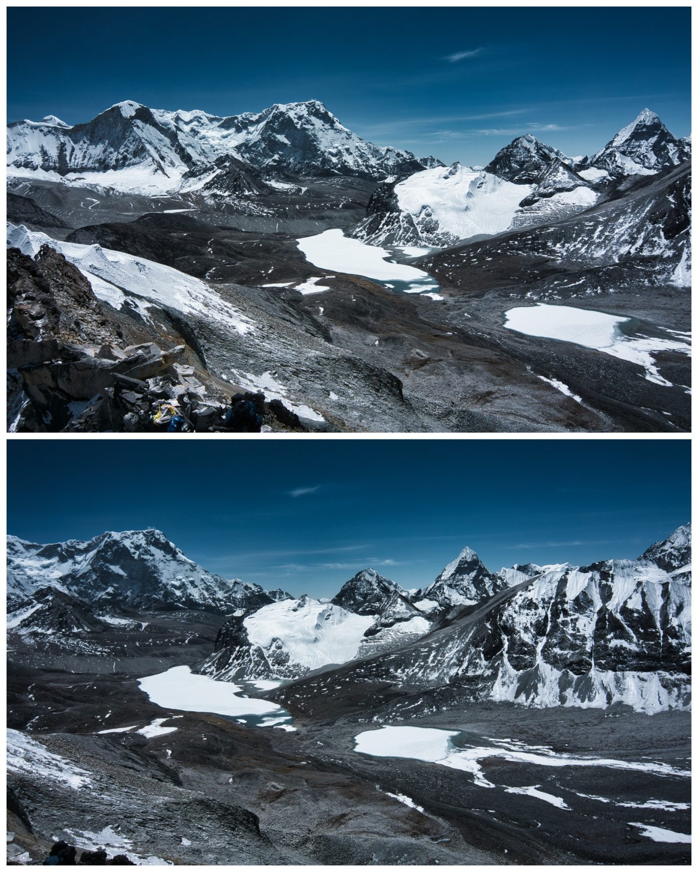 Amphu Lapcha La (5.845 m) Berglandschaft mit schneebedeckten Gipfeln und Gletschern unter klarem Himmel.