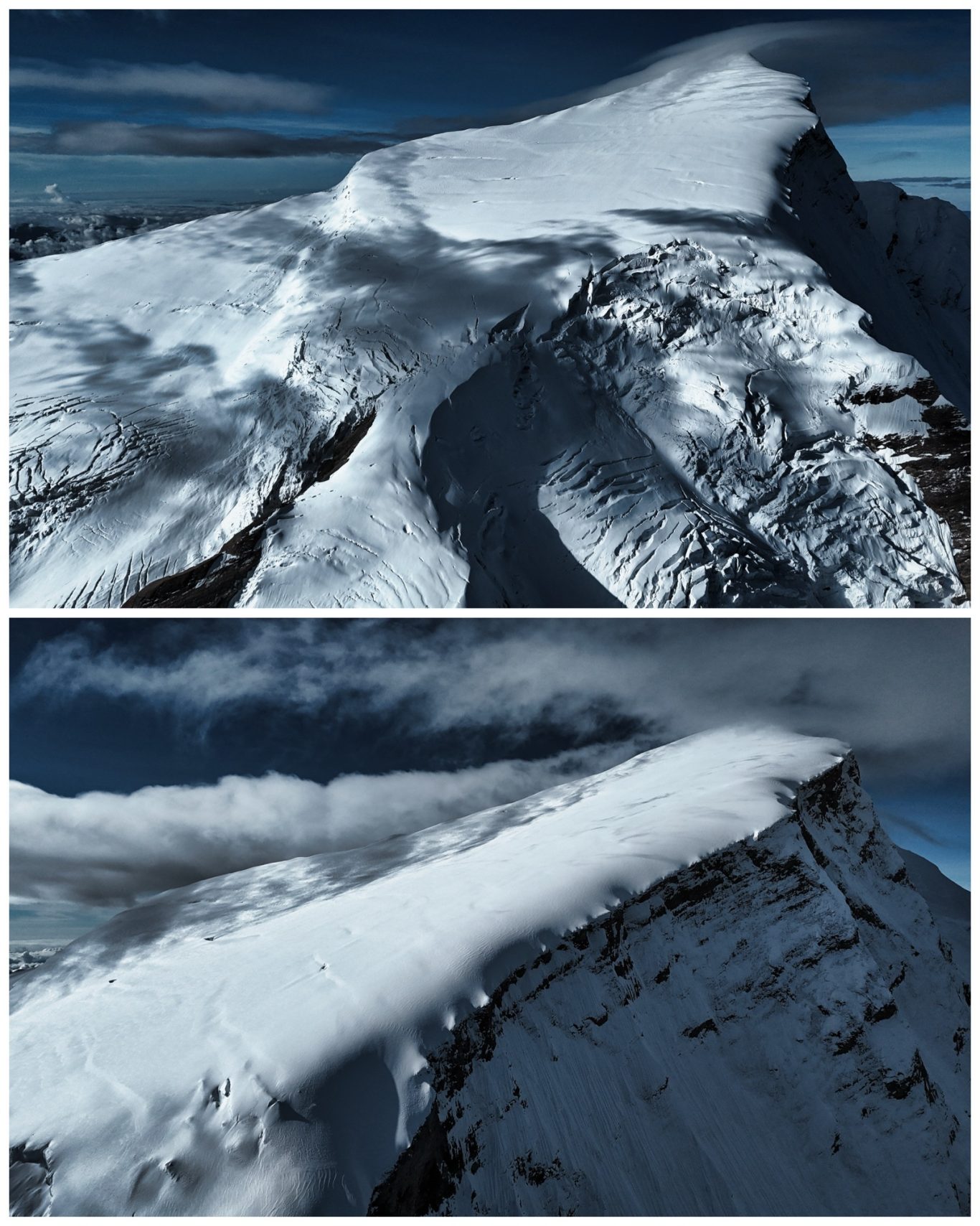 Putha Hiunchuli (7.246 m) Schneebedeckte Bergspitze mit dramatischem Wolkenhorizont.