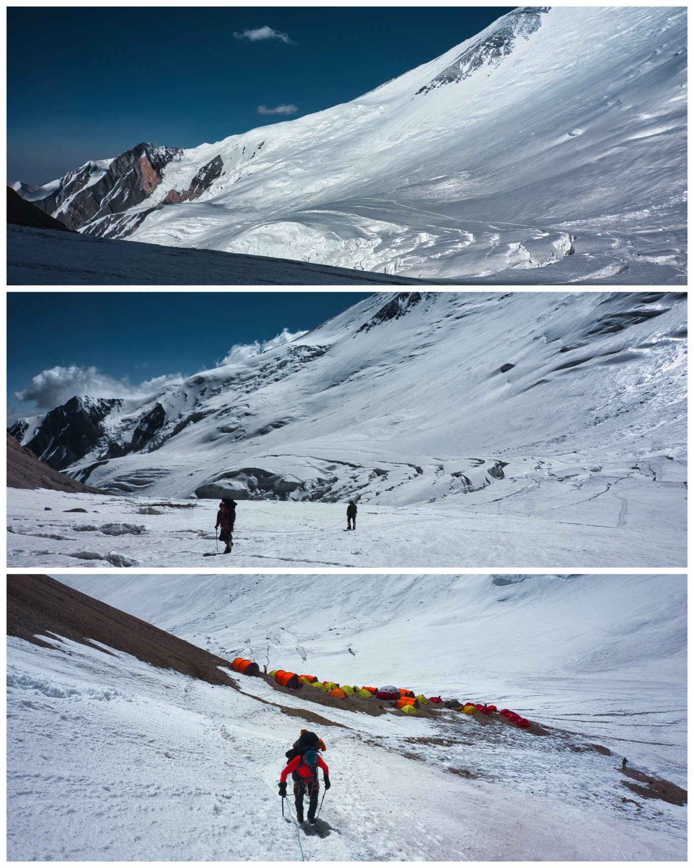 Aufstieg in Camp 1 am Pik Lenin Schneebedeckte Berge mit Wanderern und Zeltlager im Hintergrund.