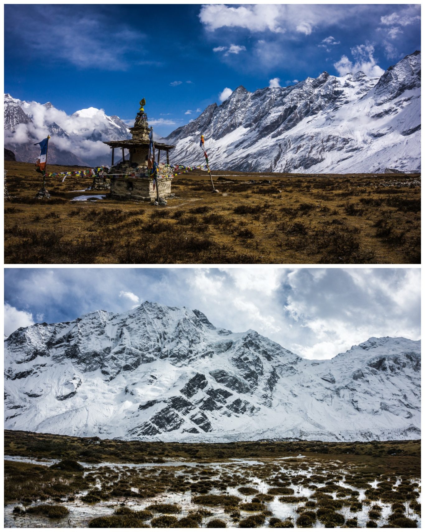 Pungyen Valley (ca. 4.400 m) Berglandschaft mit schneebedeckten Gipfeln und einer kleinen Kapelle im Vordergrund.