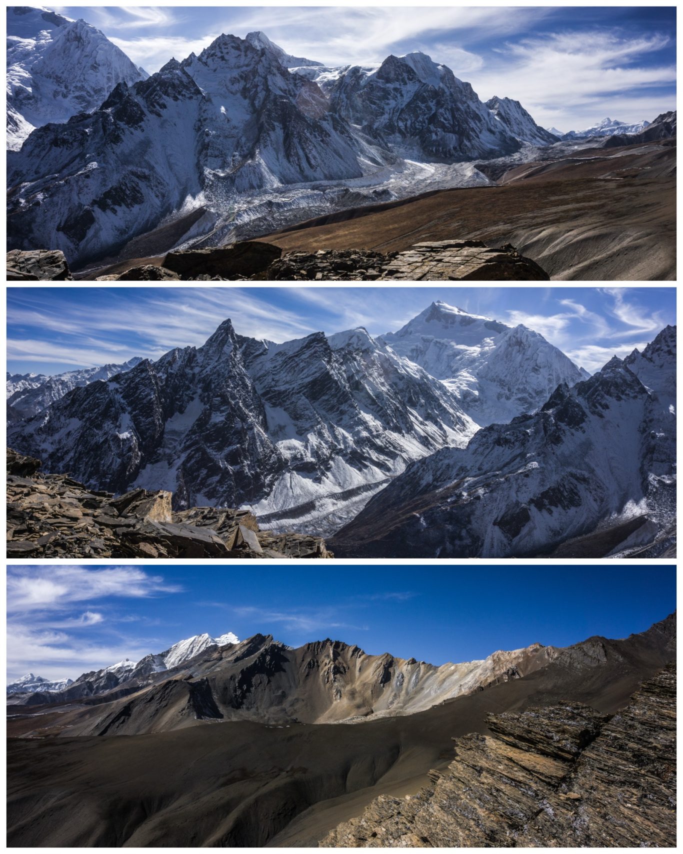 Dharamsala Ri (ca. 5.000) Drei Ansichten majestätischer Berge mit Schnee und wolkigem Himmel im Hintergrund.