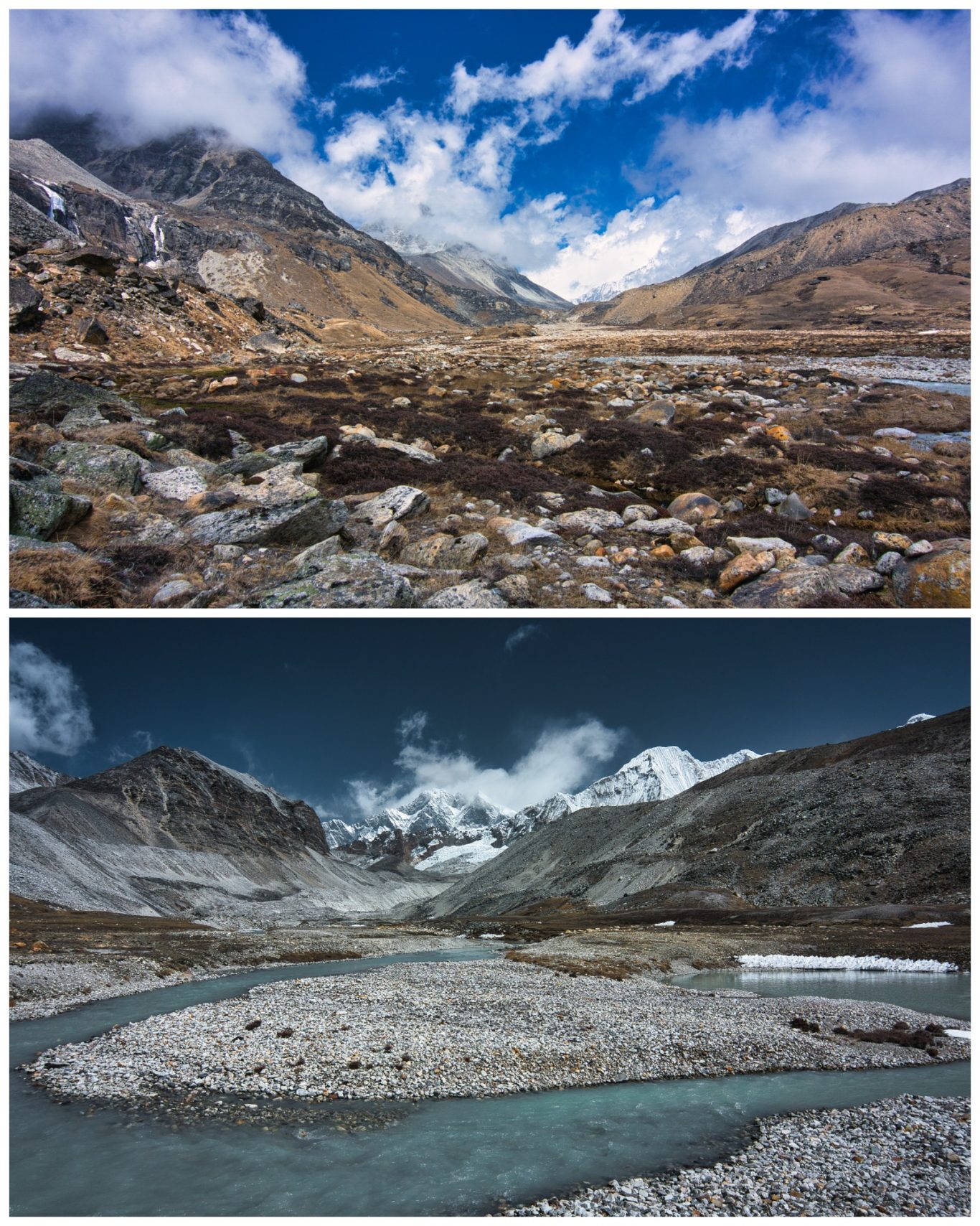 Hongu Valley Zwei Berglandschaften mit Fluss, wolkigem Himmel und schneebedeckten Gipfeln.