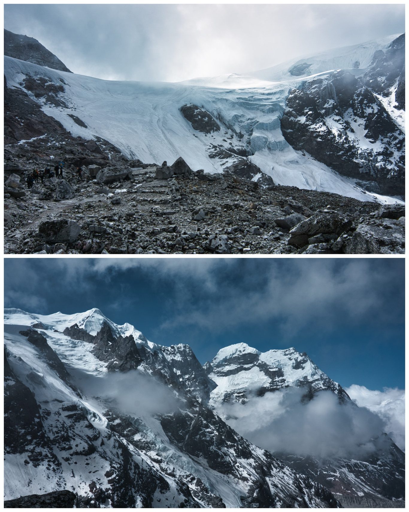 Mera Peak (6.476 m) Eisige Berglandschaft mit Gletscher und schneebedeckten Gipfeln unter bewölktem Himmel.