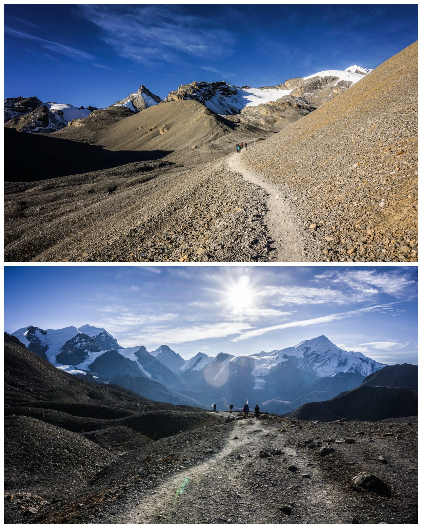 Thorong La (5.419 m) Berglandschaft mit schmalem Pfad, umgeben von dramatischen Gipfeln und klarem Himmel.