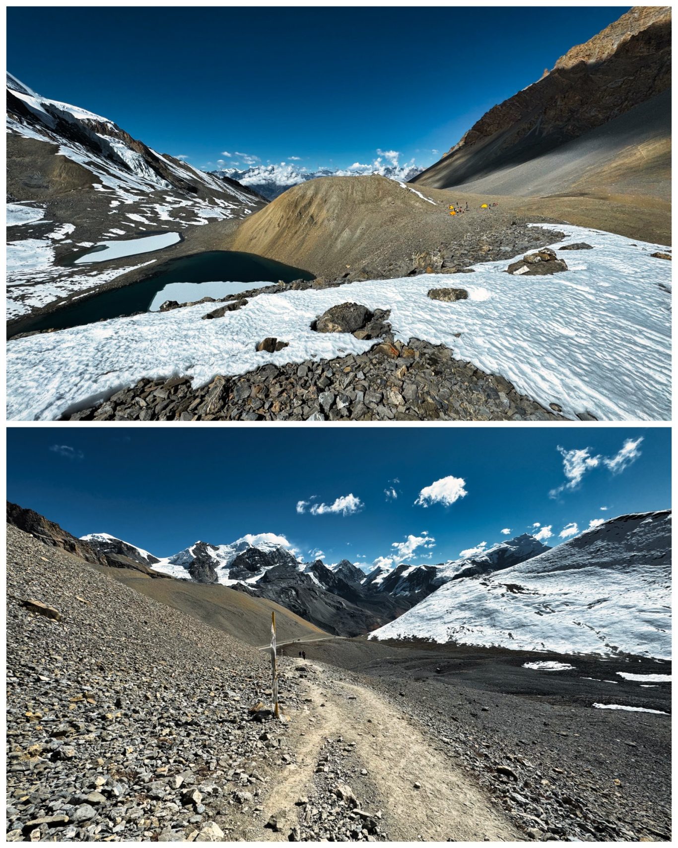 Thorong La (5.419 m) Berglandschaft mit schneebedeckten Gipfeln und felsigem Gelände, darunter ein klarer See.