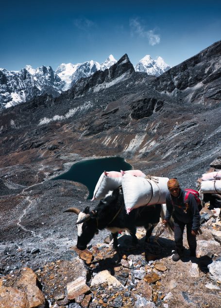 Ein Träger mit Lasten neben einem Yeti-Mann in bergiger Landschaft mit schneebedeckten Gipfeln.