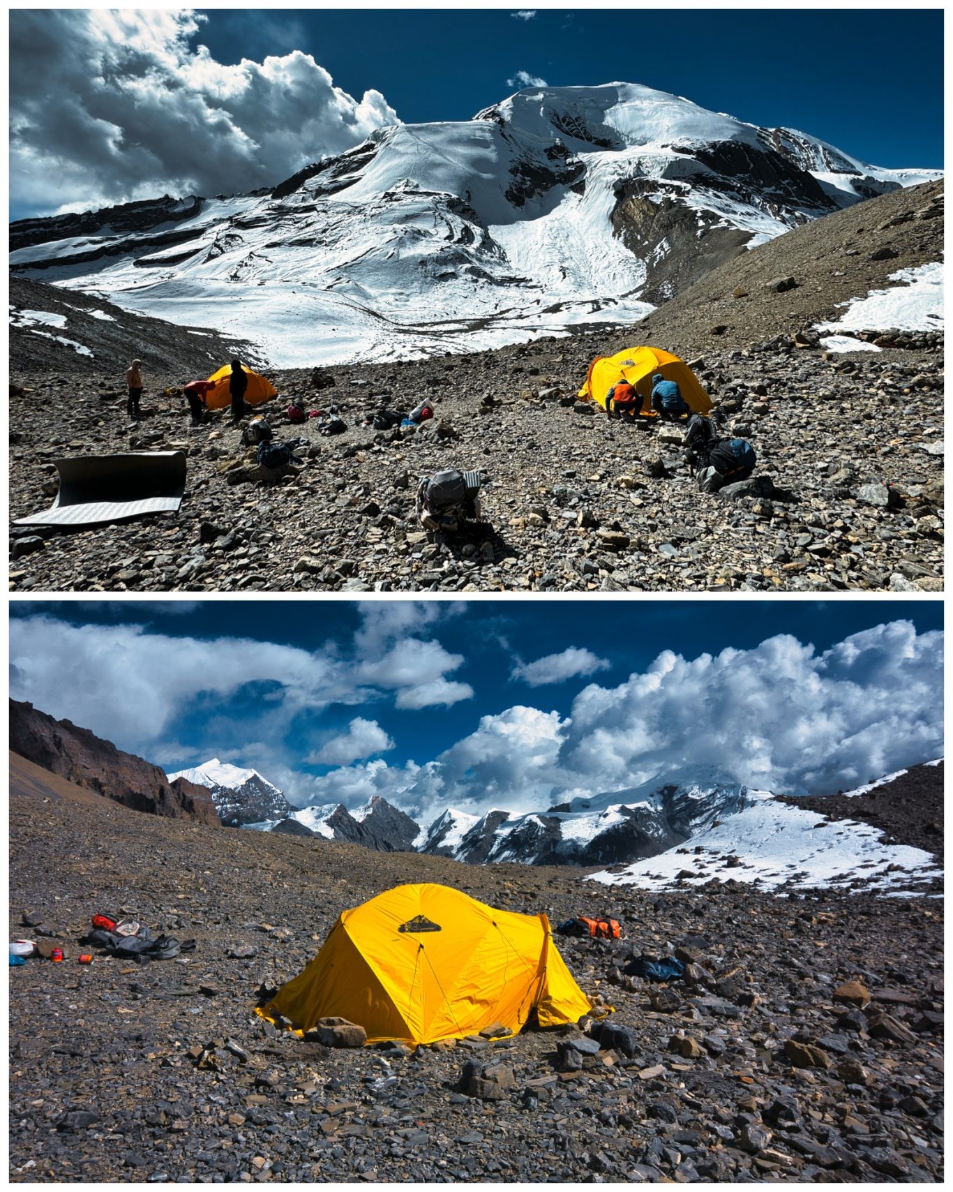 Thorong Peak Basecamp (5.416 m) Zwei gelbe Zelte in einer rauen, bergigen Landschaft mit schneebedeckten Gipfeln.