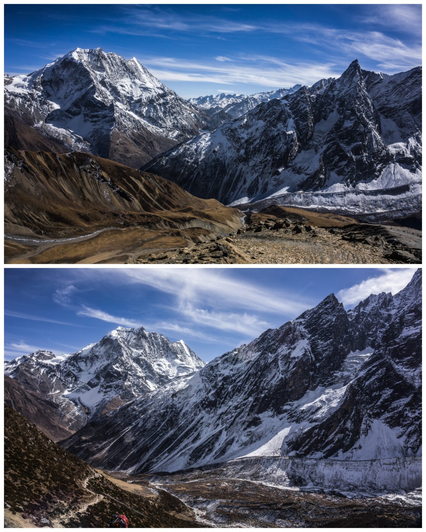 Dharamsala Ri (ca. 5.000) Berglandschaft mit schneebedeckten Gipfeln und weiten Tälern unter blauem Himmel.