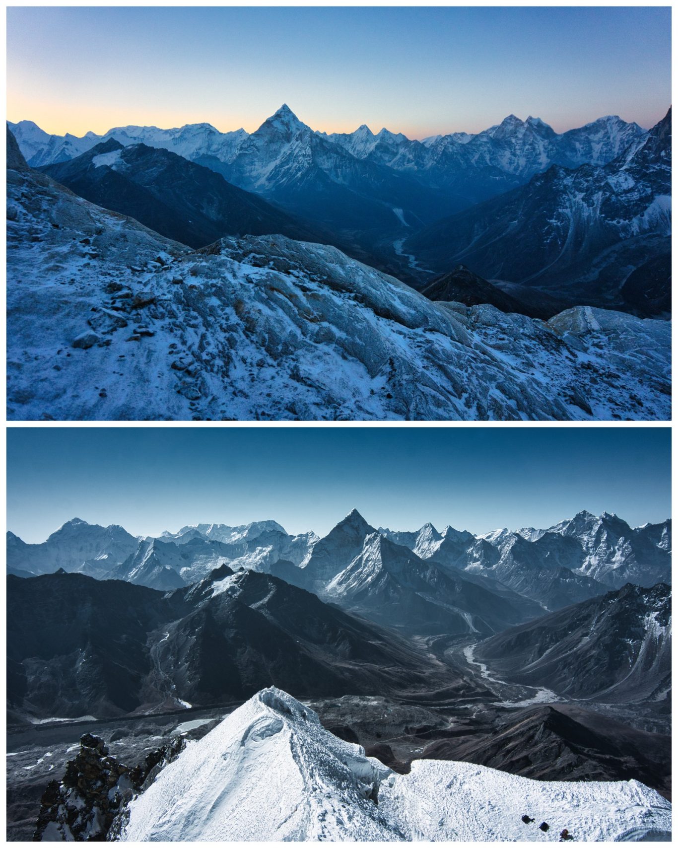 Aufstieg am Lobuche East Schneebedeckte Berglandschaft mit Gipfeln und Tal, in sanften Blautönen.