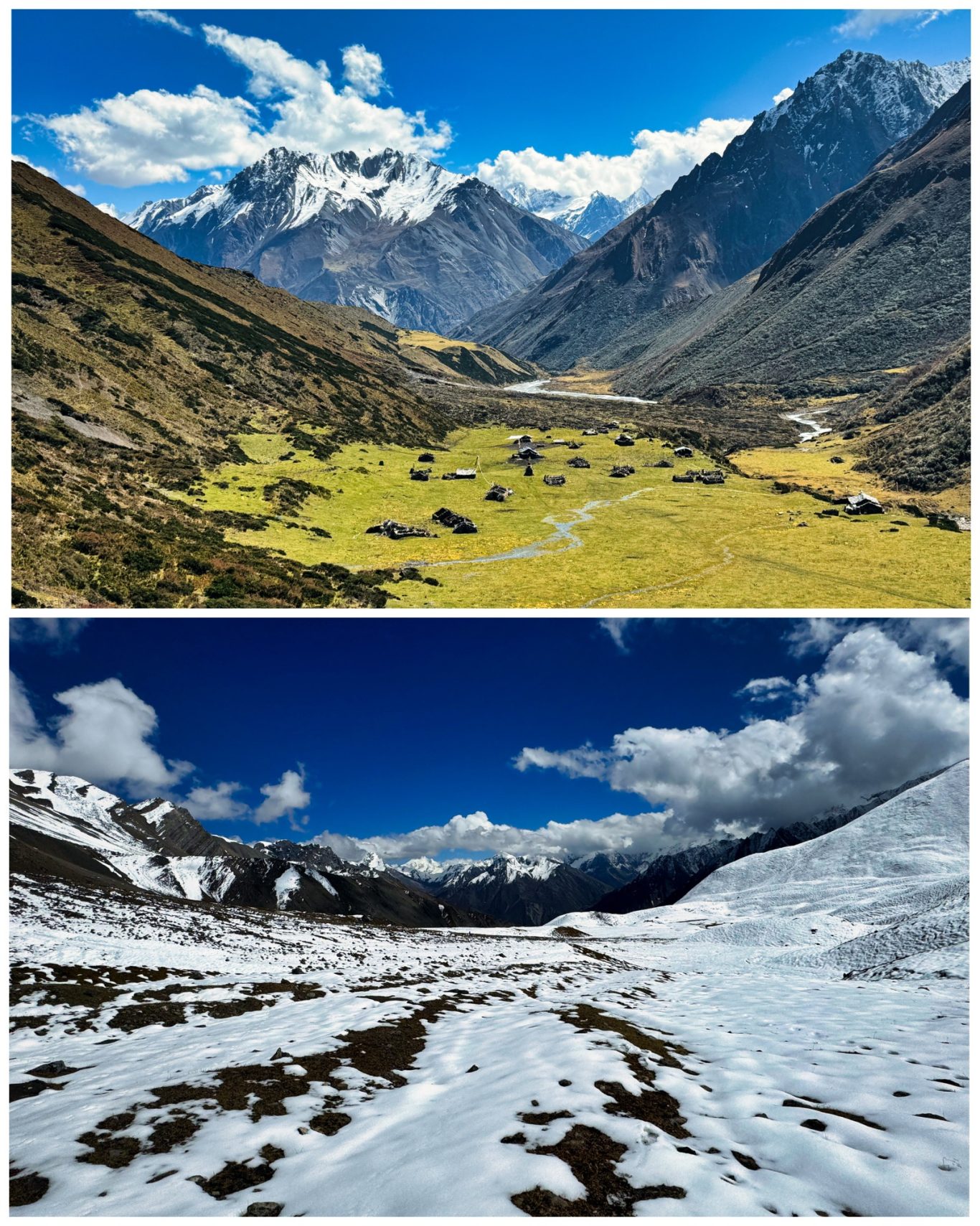 Aufstieg Thapla Bhanyjang (5.104 m) Oben: grüne Tallandschaft mit Bergen. Unten: Schneebedeckte Berge und flaches, weißes Gelände.