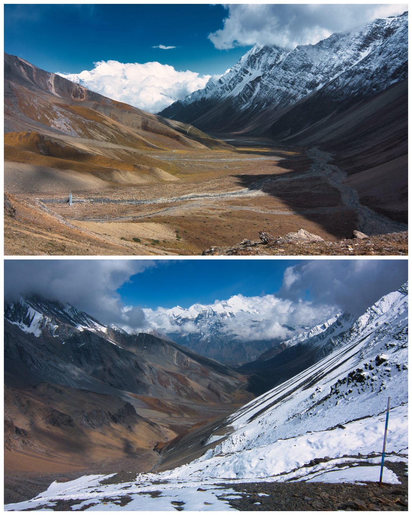 Überschreitung Kang La (5.306 m) Zwei Ansichten eines Gebirgstal: eine steinig und trocken, die andere schneebedeckt und kühl.