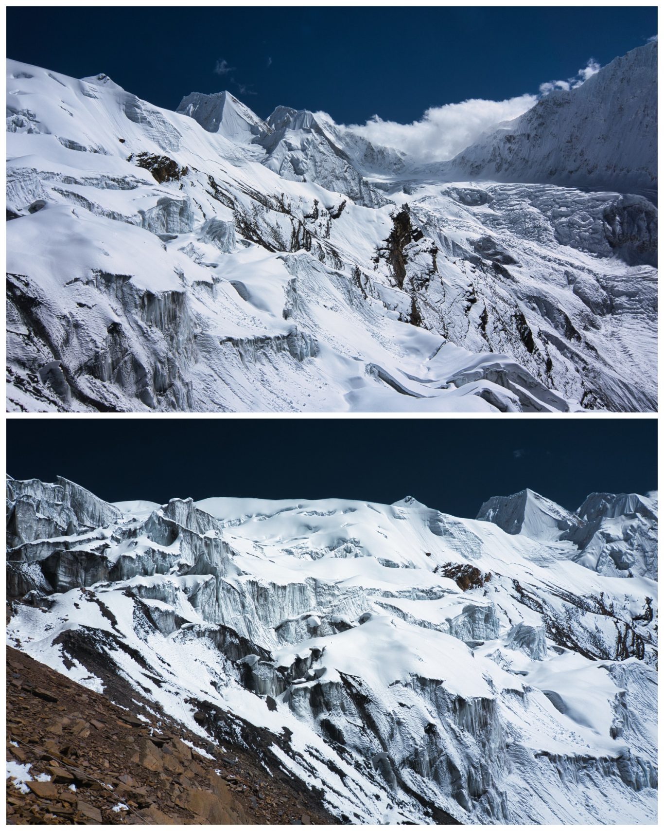 Aufstieg in Camp 2 am Himlung Himal Zwei Ansichten von schneebedeckten Berggipfeln mit Gletschern im Hintergrund.