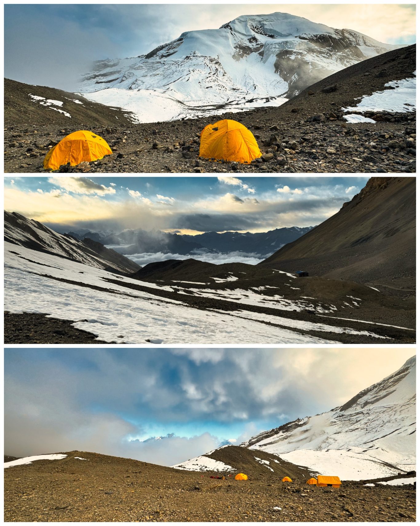 Thorong Peak Basecamp (5.416 m) Zwei orange Zelte in einer bergigen, schneebedeckten Landschaft mit Wolken.