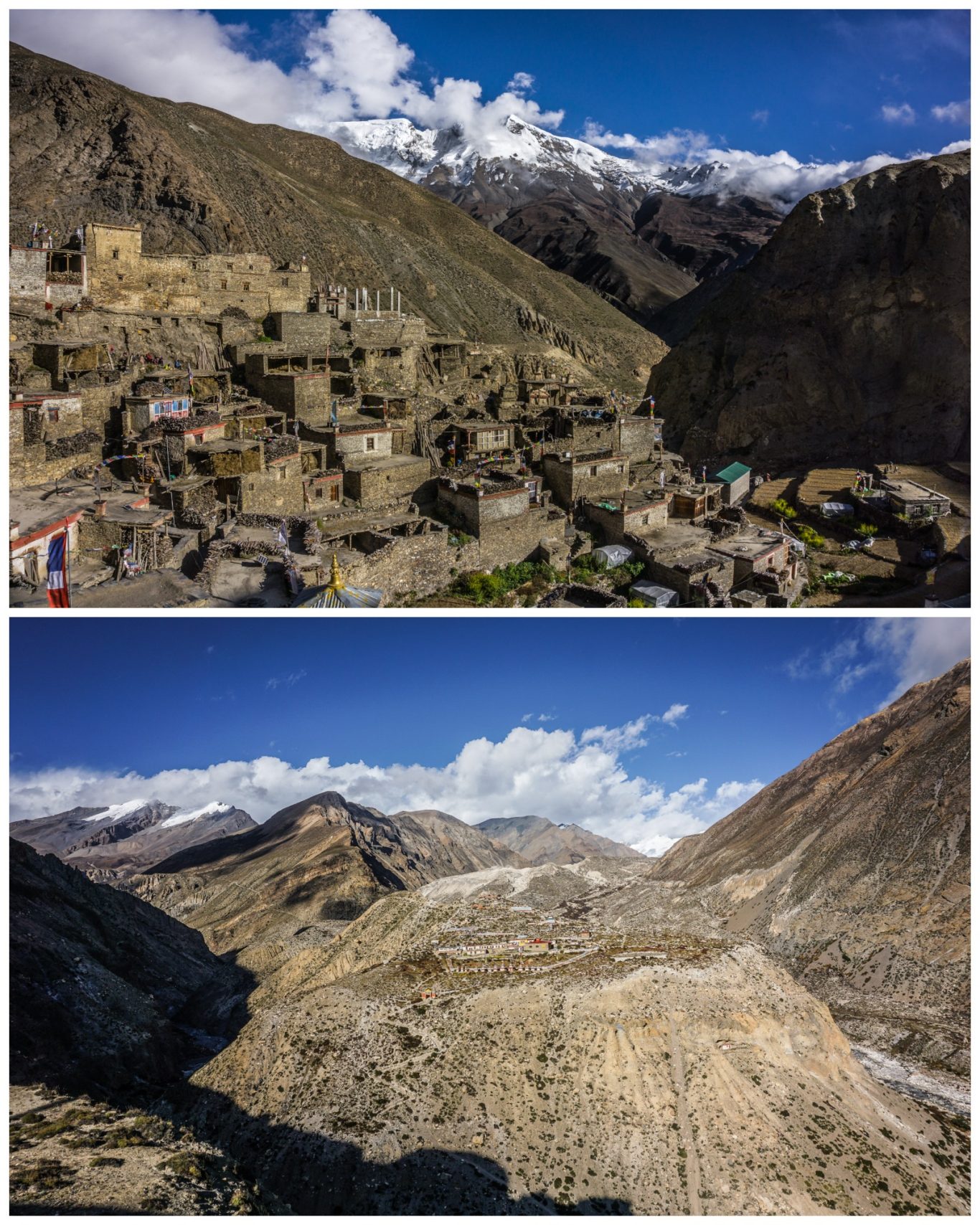 Phu Village (ca. 4.100 m) Berglandschaft mit traditionellen Dörfern und sanften Hügeln unter blauem Himmel.