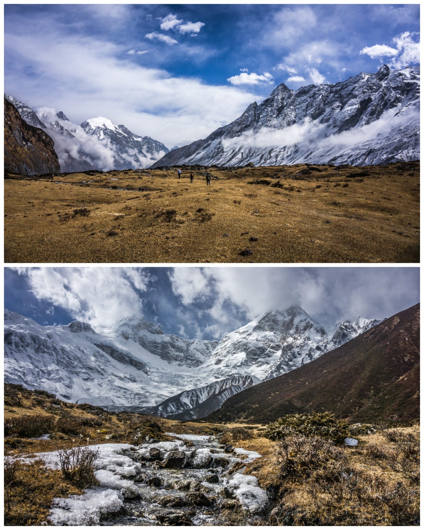 Pungyen Valley (ca. 4.400 m) Berglandschaft mit schneebedeckten Gipfeln und einem Gebirgsbach im Vordergrund.