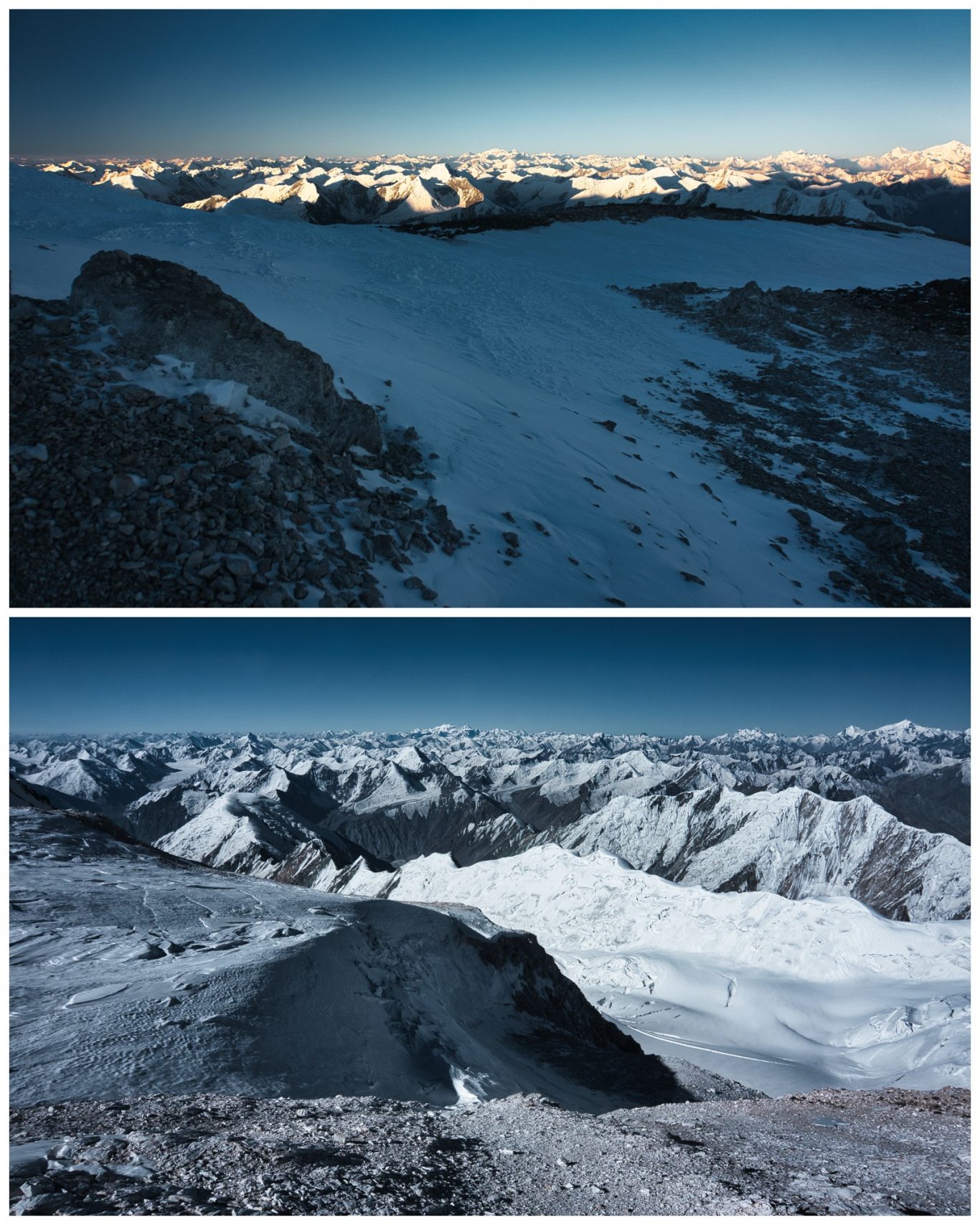 Aufstieg am Pik Lenin (ca. 6.900 m) Schneebedeckte Berge mit schroffen Gipfeln und klarem Himmel.