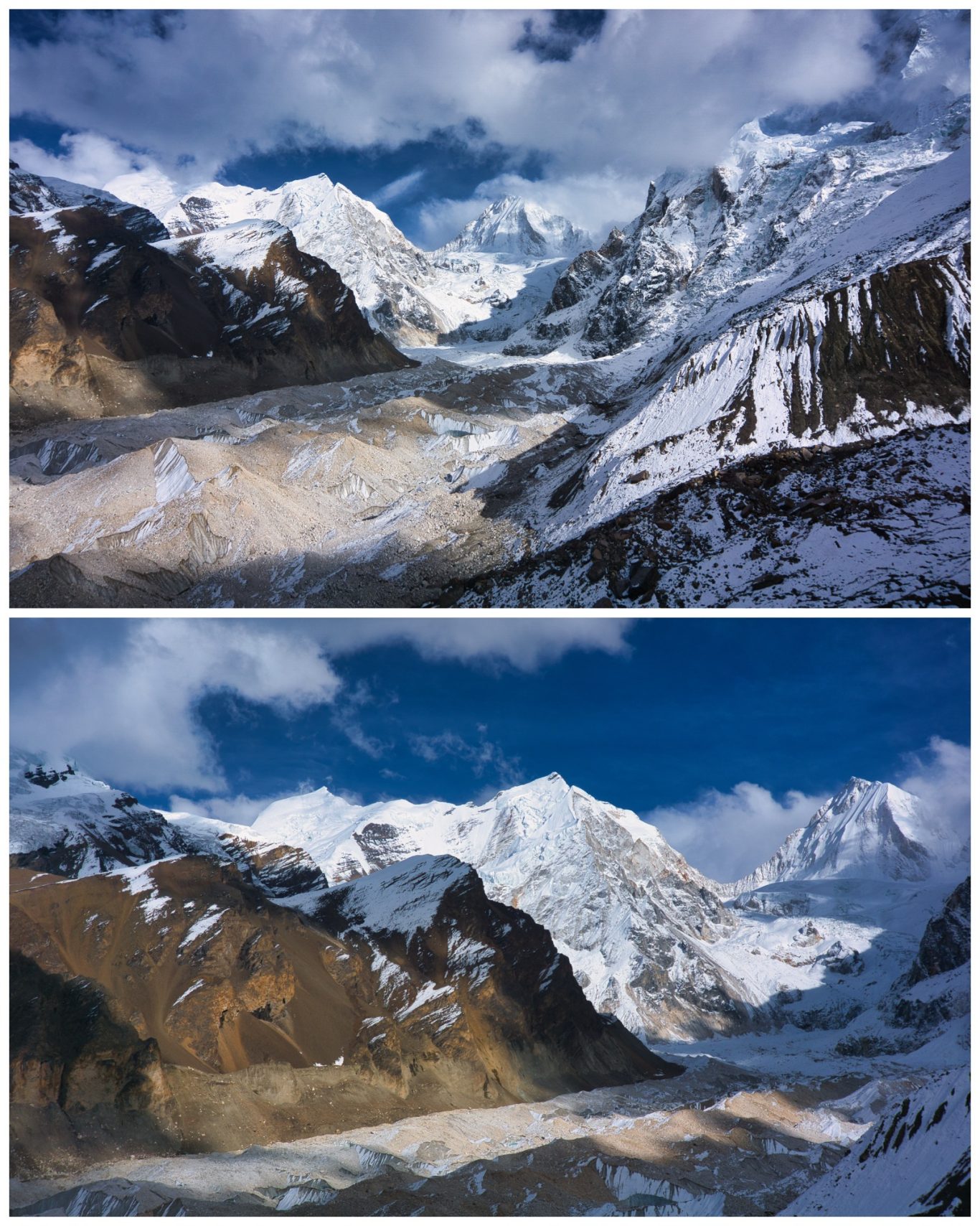 Himlung Basecamp (ca. 5.000 m) Schneebedeckte Berge mit Gletschern und dramatischem Himmel in zwei Ansichten.