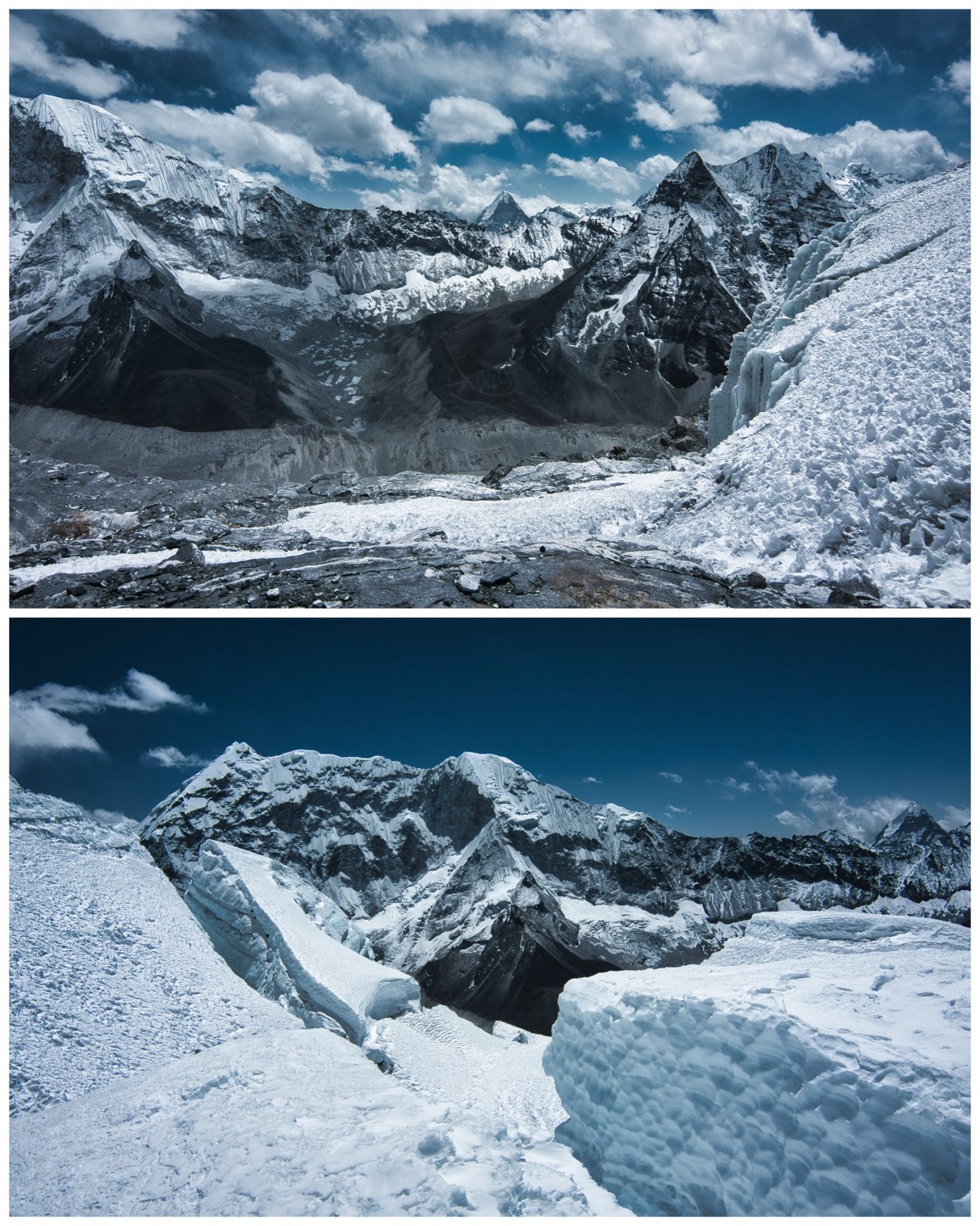 Aufstieg am Island Peak Panorama einer schneebedeckten Gebirgslandschaft mit Gletschern und blauen Himmel.