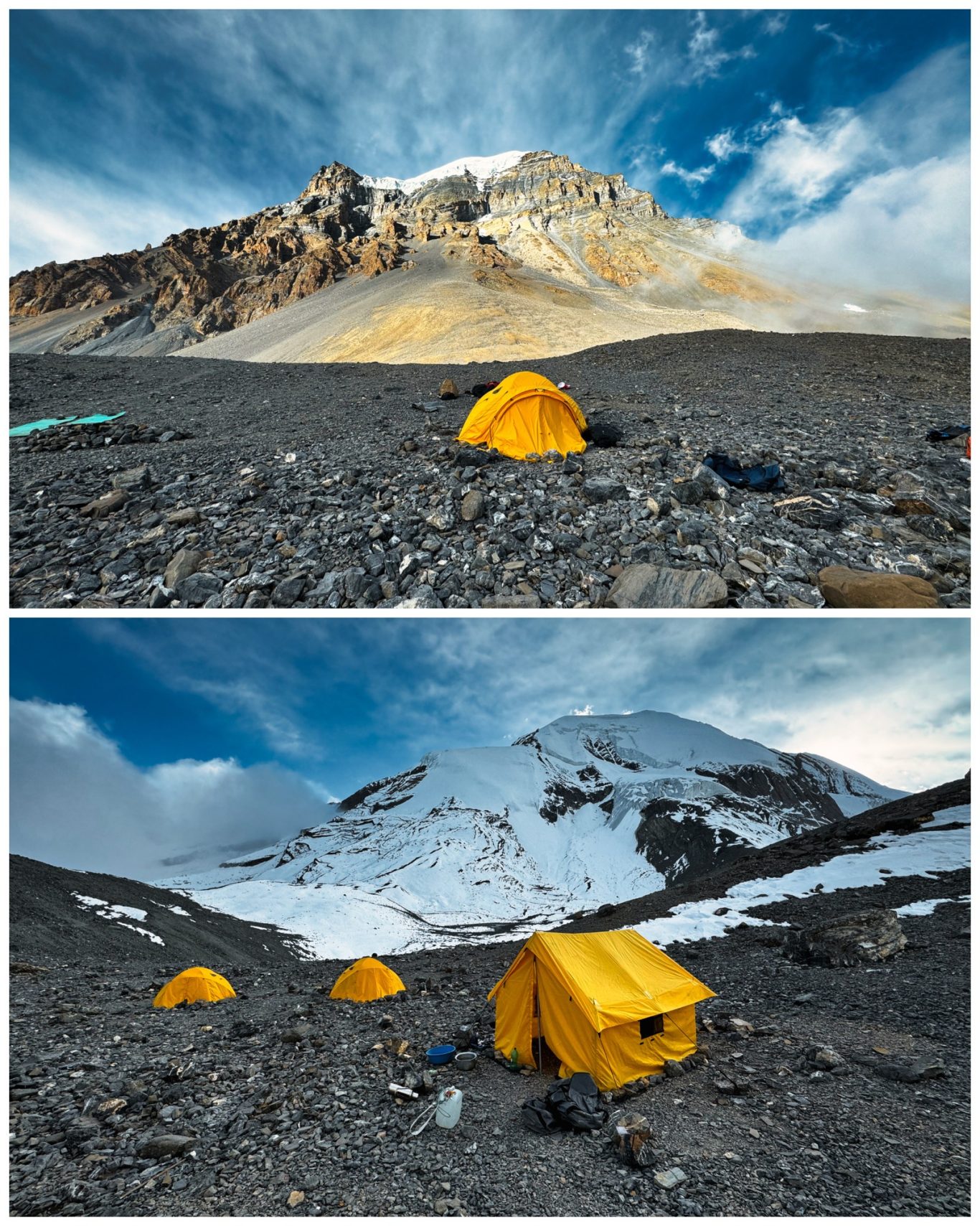 Thorong Peak Basecamp (5.416 m) Zwei gelbe Zelte auf einem felsigen Berghang mit schneebedeckten Gipfeln im Hintergrund.