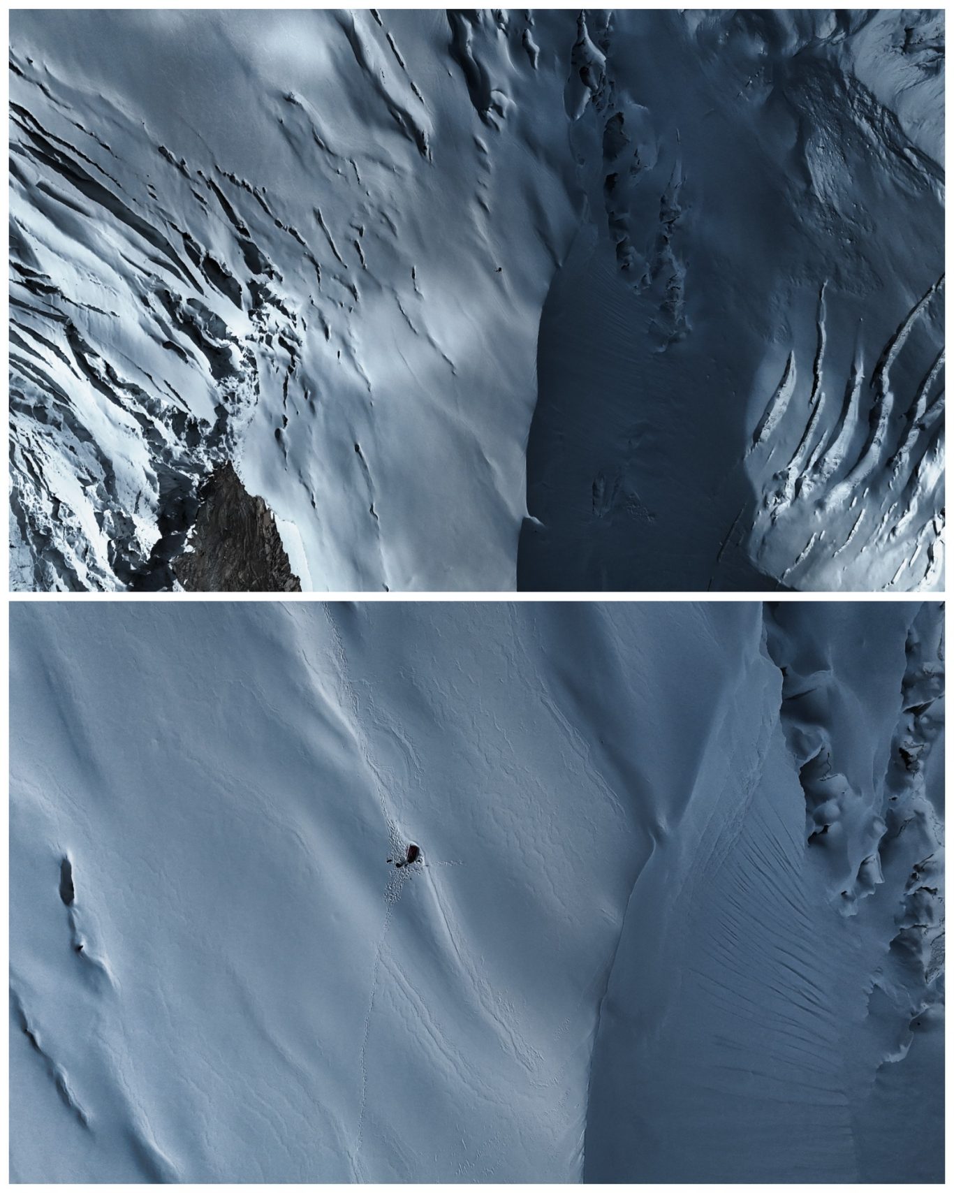 Camp 2 am Putha Hiunchuli von oben Schneebedeckte Berglandschaft mit steilen Felsen und Wellenmustern im Schnee.