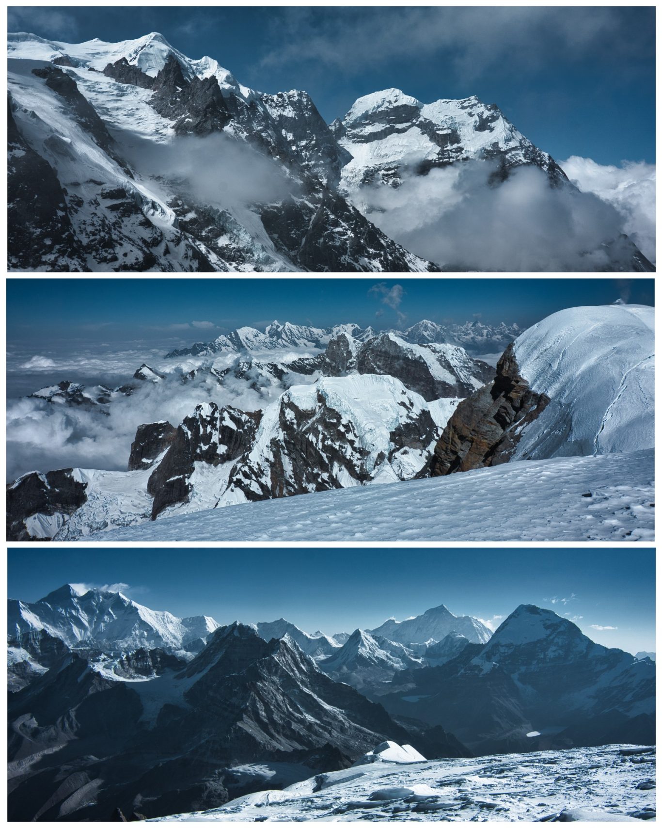 Mera Peak (6.476 m) Verschneite Berglandschaft mit schroffen Gipfeln und bewölktem Himmel.