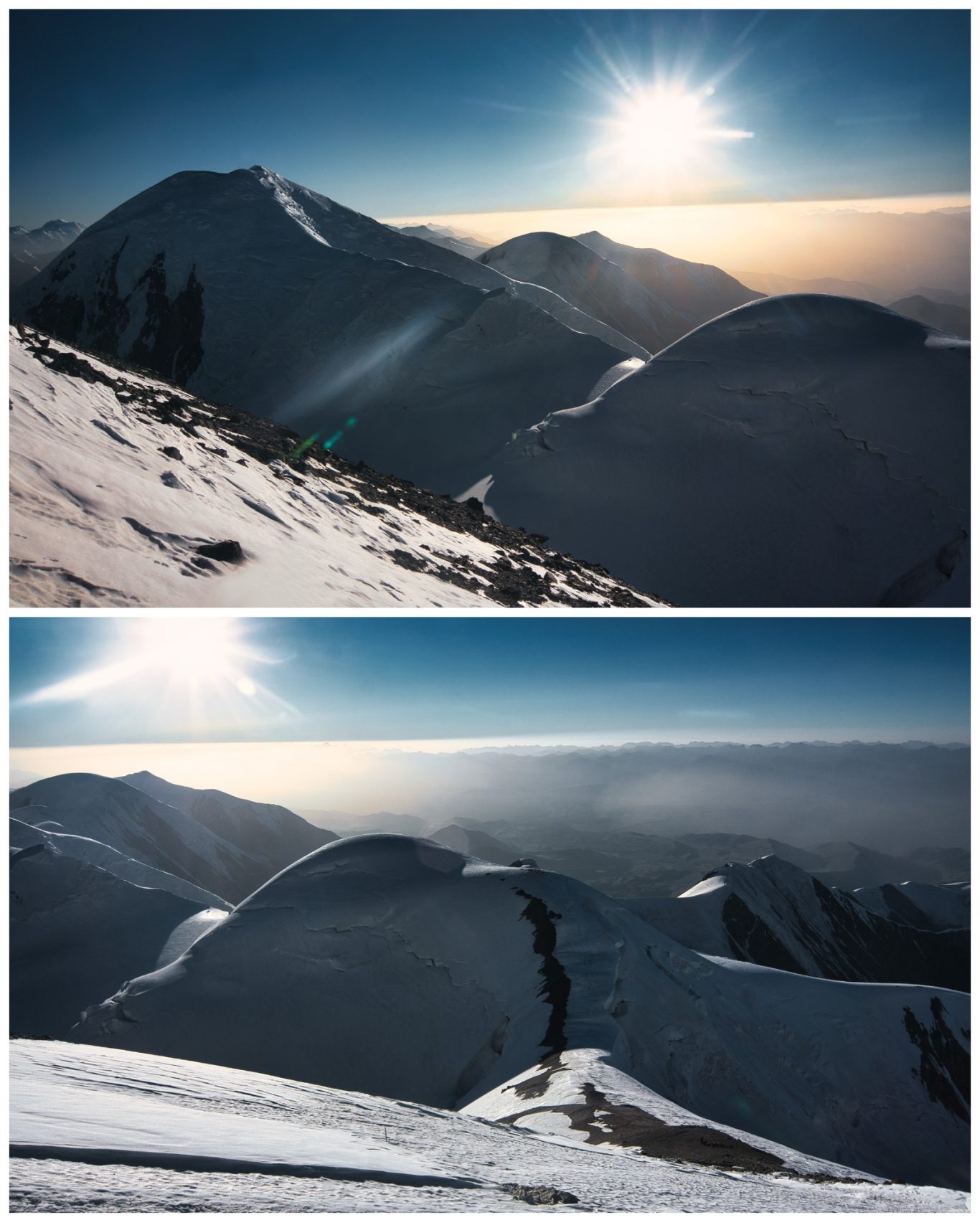 Abstieg vom Pik Lenin Berglandschaft mit schneebedeckten Gipfeln und strahlender Sonne am Himmel.