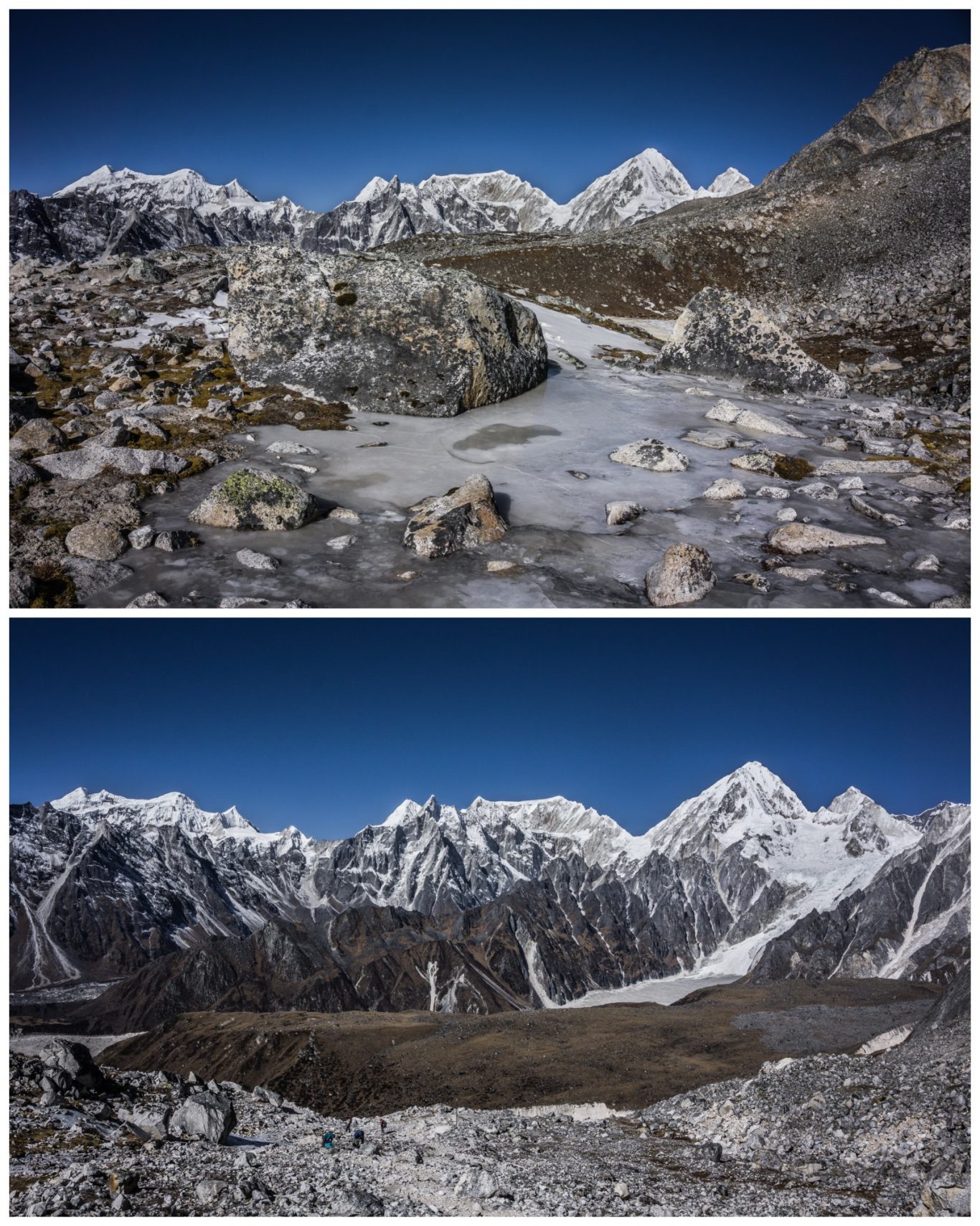 Larkya La (5.106 m) Schneebedeckte Berge unter klarem Himmel, mit steinigem Vordergrund und Gletscher im Tal.