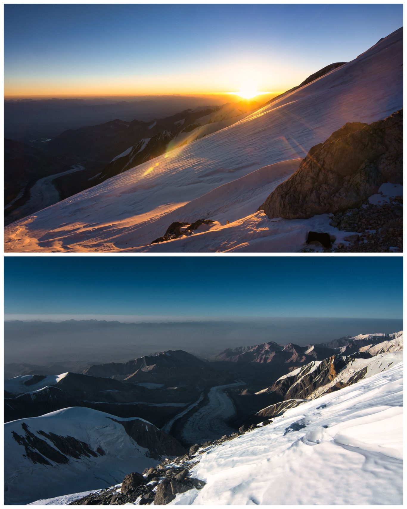 Pik Lenin Sonnenaufgang (ca. 6.600 m) Sonnenaufgang über schneebedeckten Bergen mit klarer Sicht auf die umliegende Landschaft.