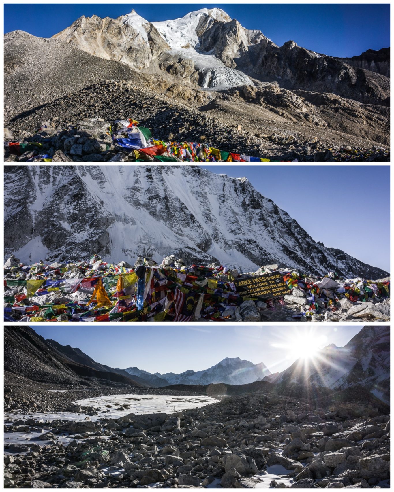 Larkya La (5.106 m) Blick auf den Everest, mit Gebetsfahnen und schneebedeckten Bergen im Hintergrund.