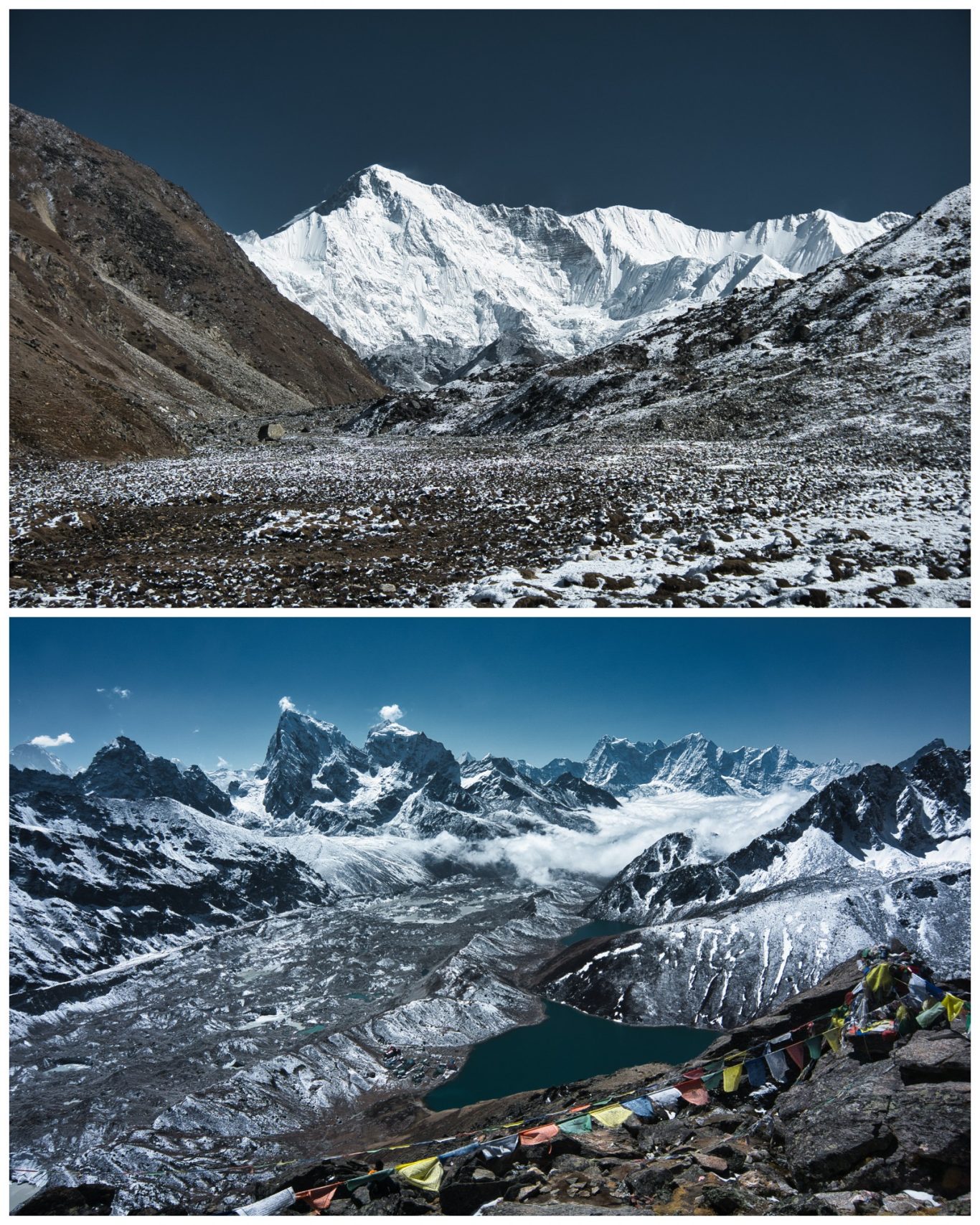 Cho Oyu (8.188 m) & Gokyo Ri (5.357 m) Schneebedeckte Berge mit einem klaren Himmel und einem Blick auf ein Tal mit einem See.